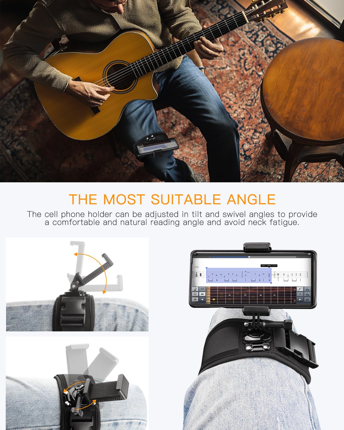 JISHAHS Guitar Phone Holder Mount - Phone Strap for Guitar Players - Natural Thigh Positioning - Adjustable Angle - Compatible w