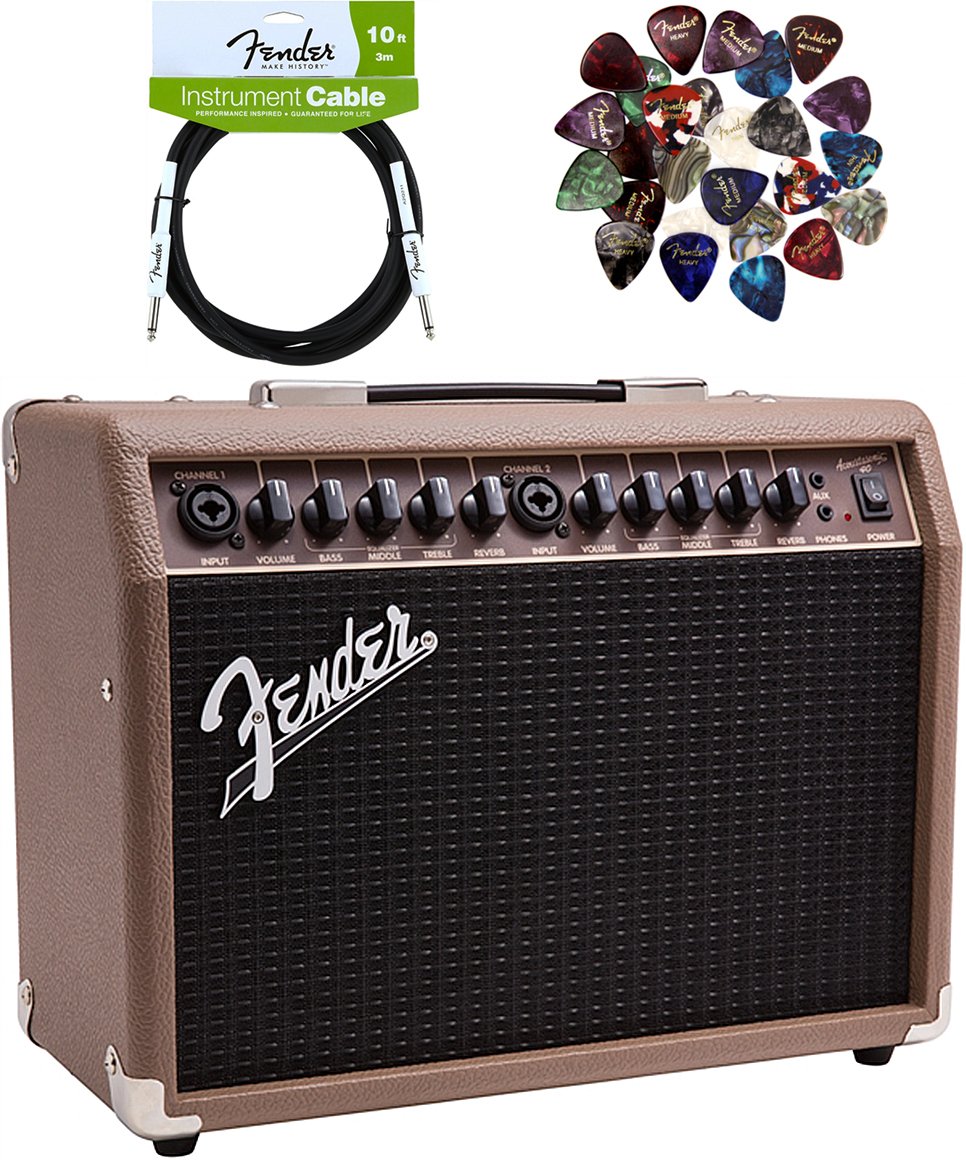 Fender Acoustasonic 40 Acoustic Guitar Amplifier Bundle With Instrument Cable, Picks, And Austin Bazaar Polishing Cloth