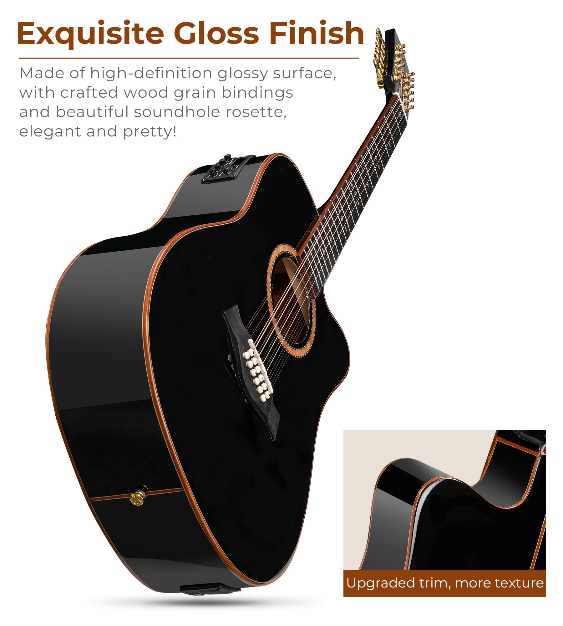 Vangoa Advanced 12 String Guitar Full Size Twelve String Guitar Acoustic Electric 4 Band EQ Electroacoustic Guitar Set for Begin