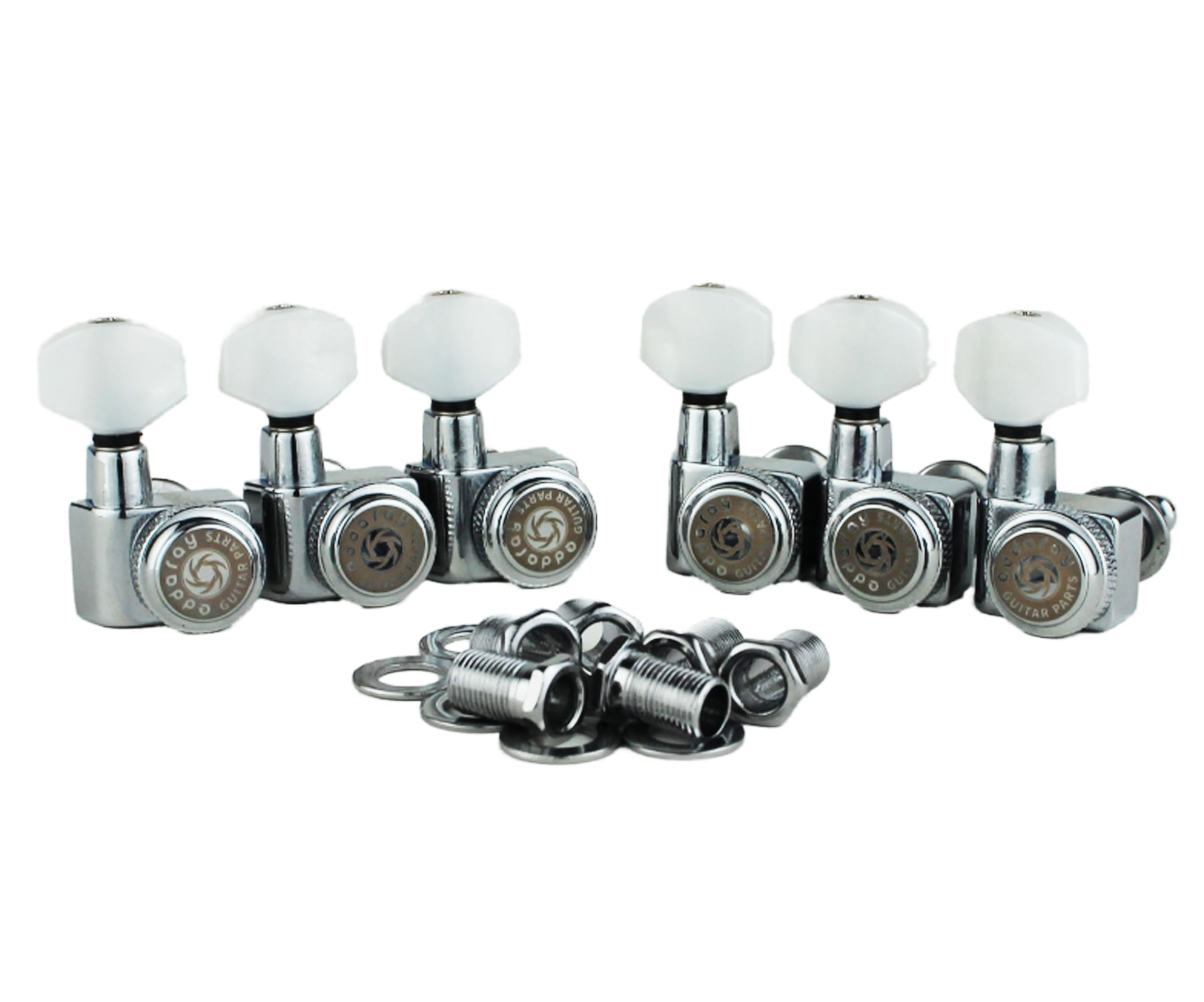 Eddaray 6 In-line Guitar Locking Tuners, 1:18 Gear Ratio Lock String Tuning Key Pegs Machine Heads Replacement, Chrome, Pearl Bu