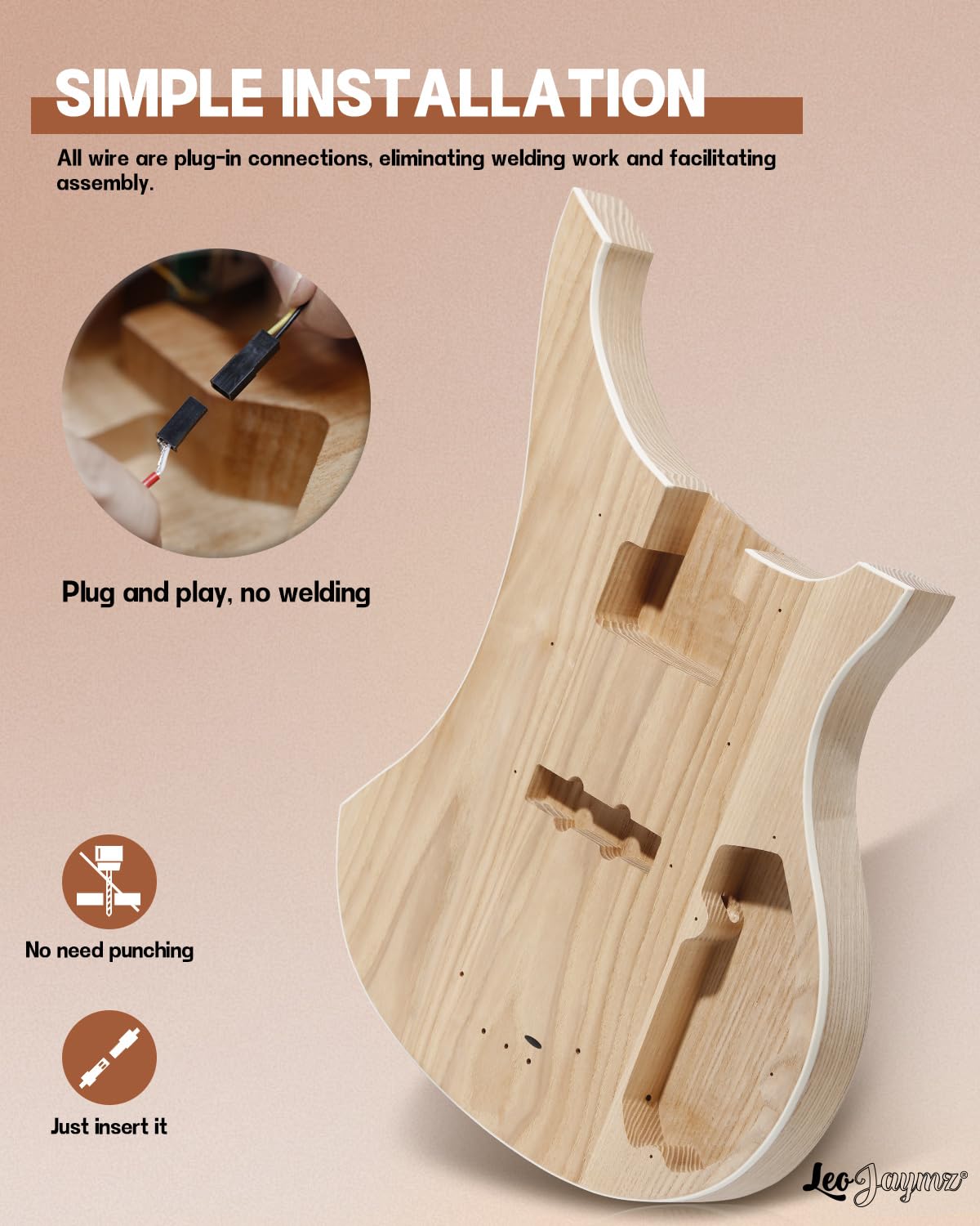 Leo Jaymz DIY Electric Bass Guitar Kits - Roasted Ash Wood Body, Maple Neck and Laurel Wood Fingerboard - Fully Components Inclu