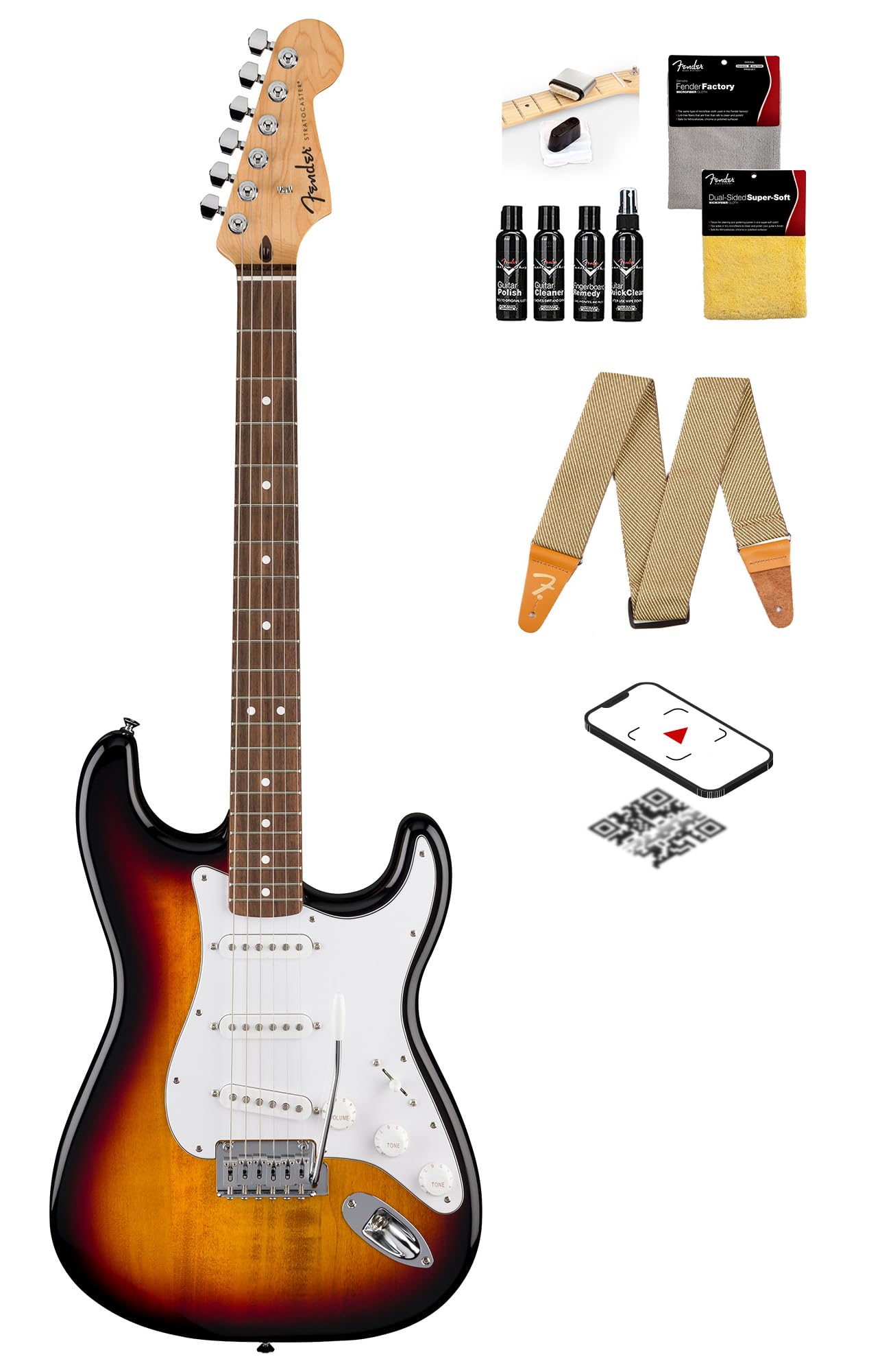 Fender Standard Stratocaster - 3-Color Sunburst Bundle With Strap, Guitar Cleaning Kit And Austin Bazaar Instructional Video