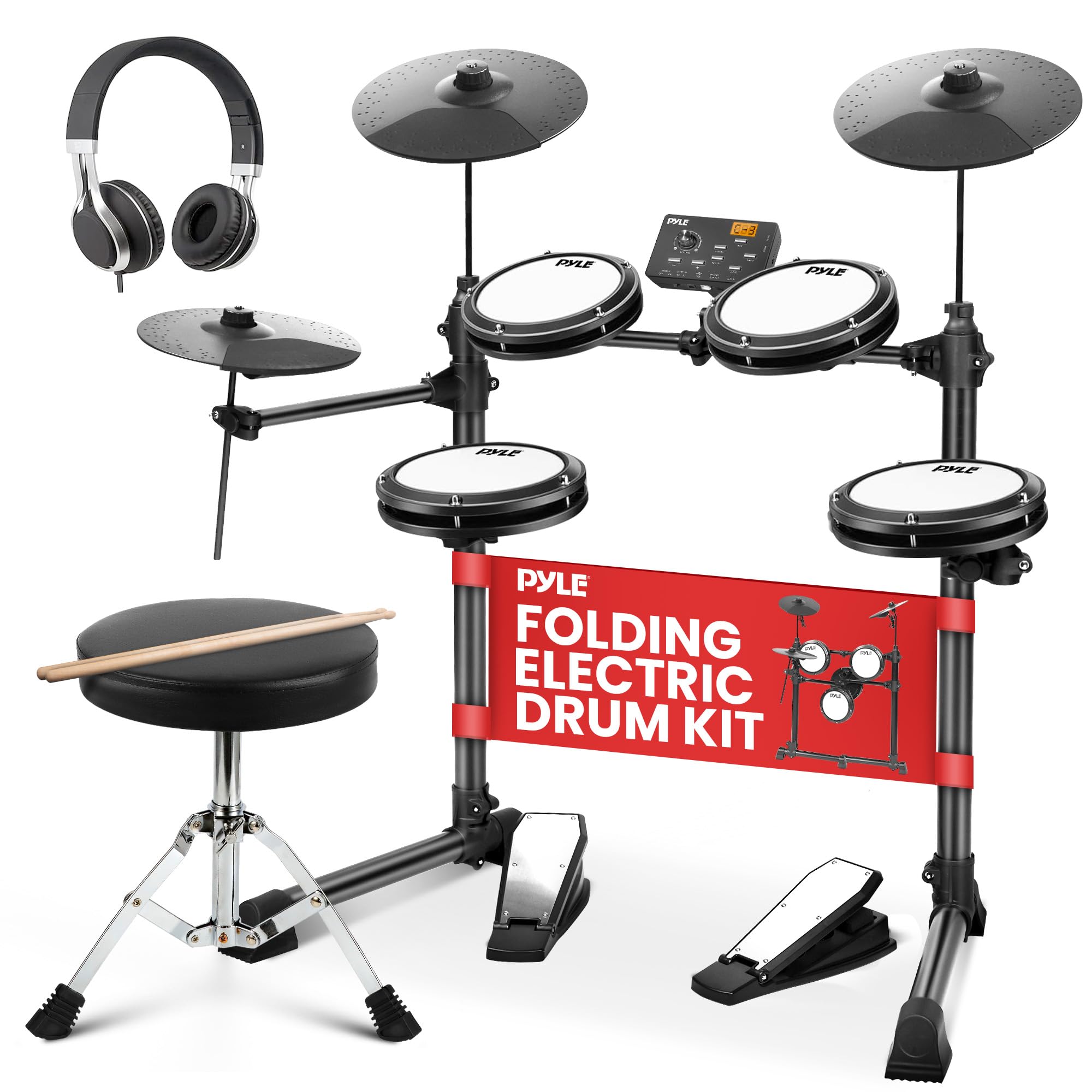 Pyle Electronic Drum Set with 4 Quiet Mesh Pads, 180 Sound Styles, 3 Cymbals, 2 Pedals, Throne, Headphones, Sticks, AUX, USB MID