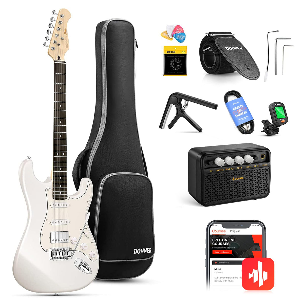 Donner Electric Guitar, Dst-152 39'' Electric Guitar Starter Kit Hss Pickup Coil Split, With Amp, Bag, Accessories, Polar White