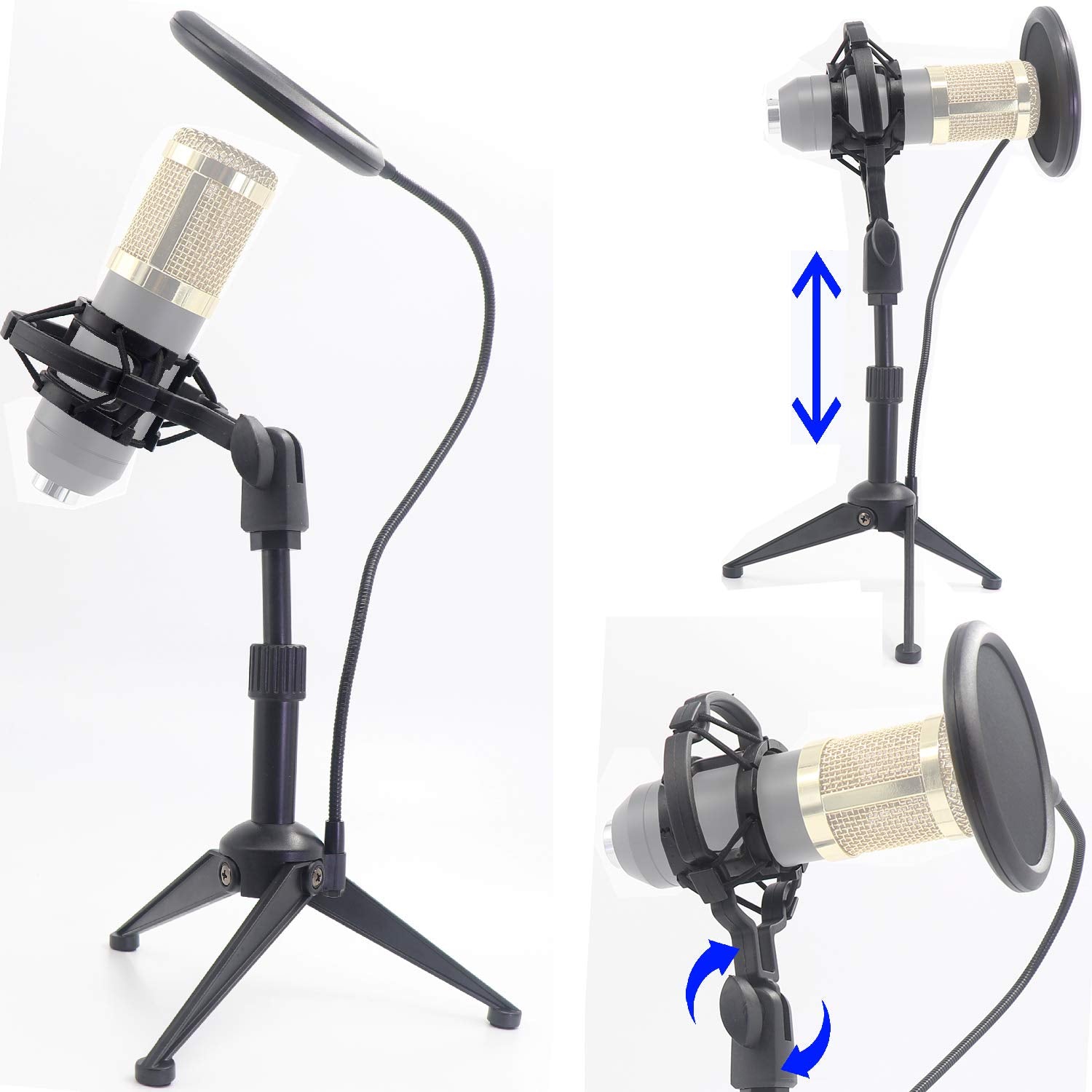 Desktop Microphone Tripod Suspension Stand With Shock Mount Anti-Vibration Mic Holder And 4'' Round Mask Shield Double-Net Wind