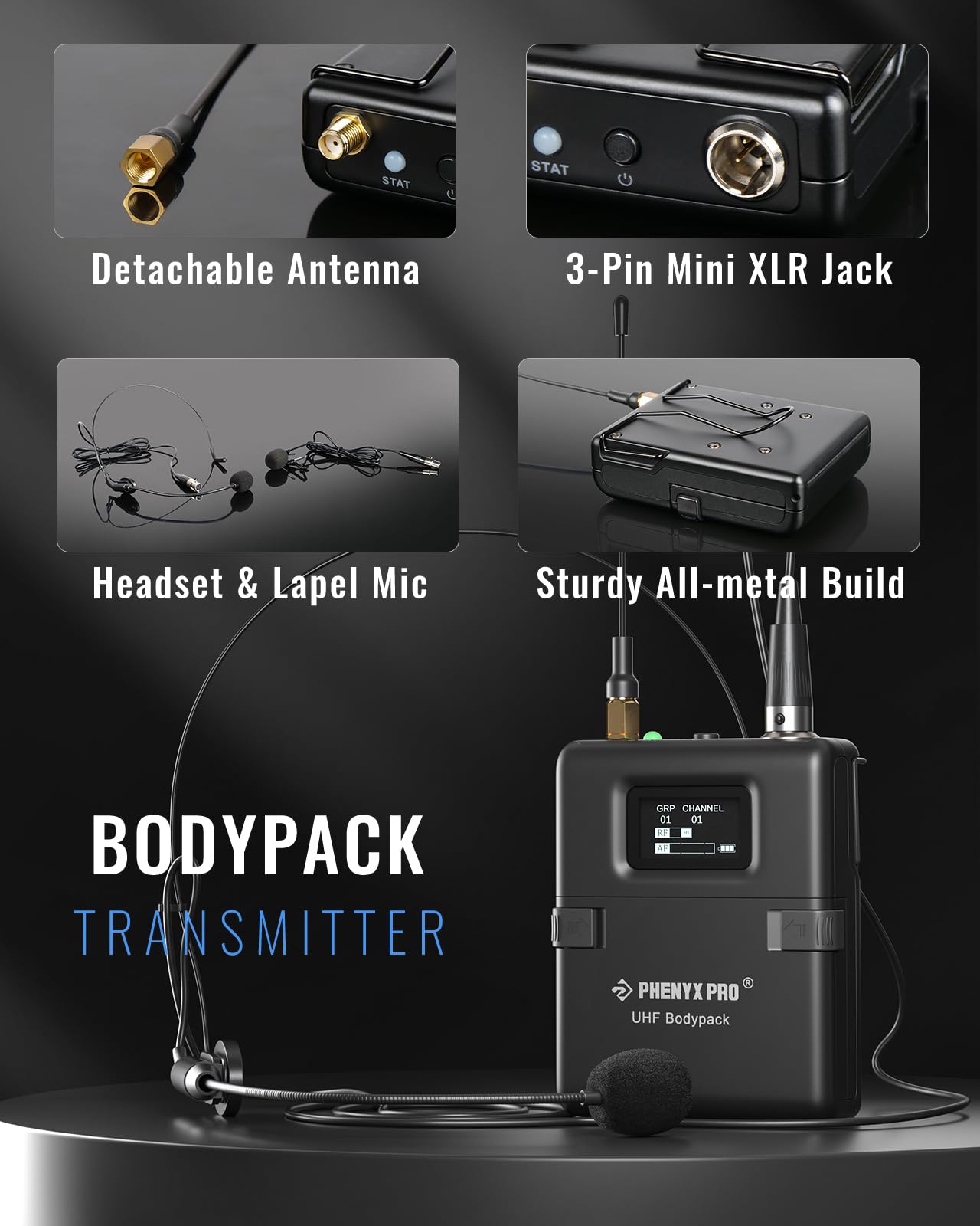 Phenyx Pro Wireless Microphone System, True Diversity Dual Cordless Microphone Set w/UHF HandheldMicrophone/Bodypack/Headset/Lap