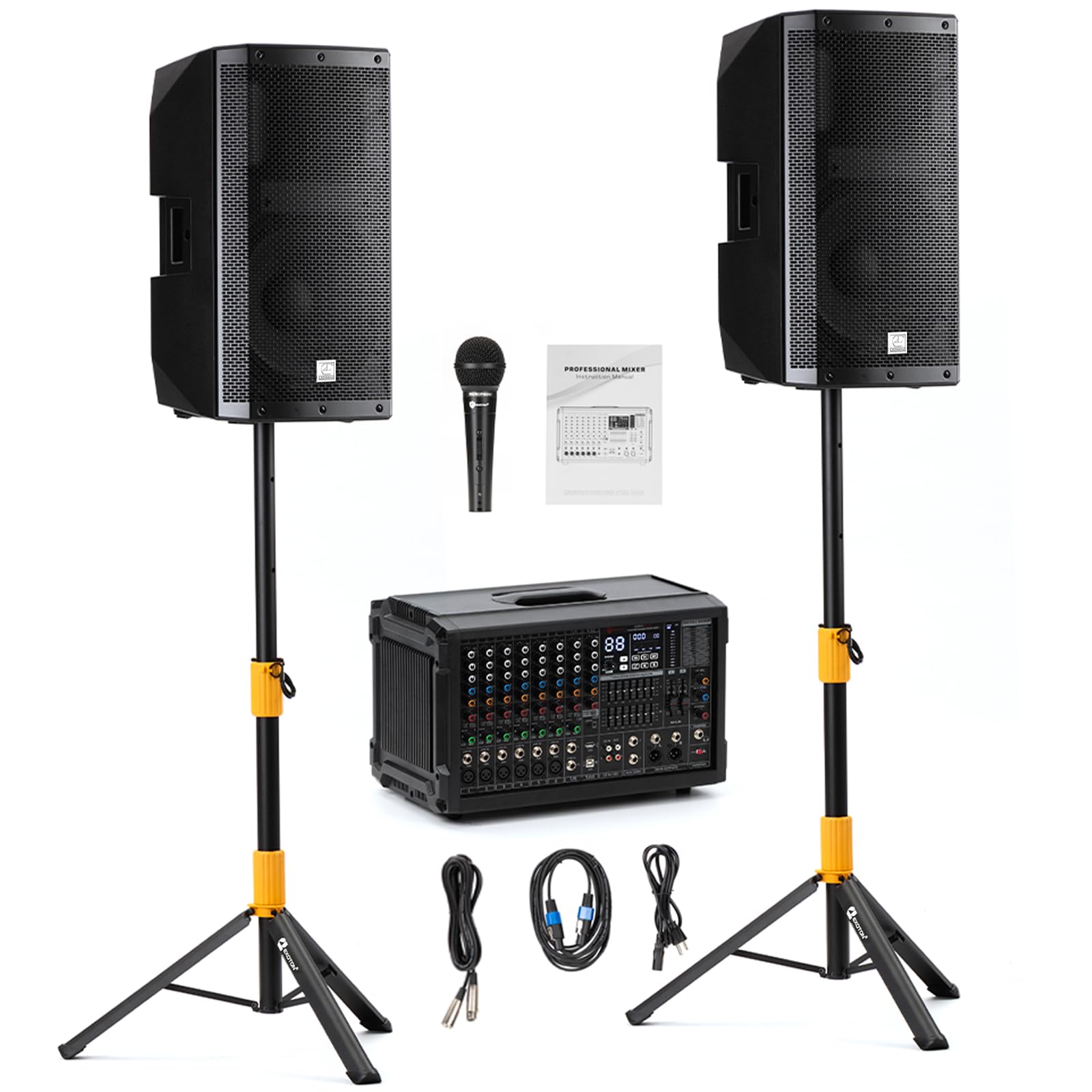 EXOTON MX-P12 PA System with 2x12 Speakers, 10-Channel Mixer & Mic |Professional High-Powered Bluetooth PA System for Weddings, 