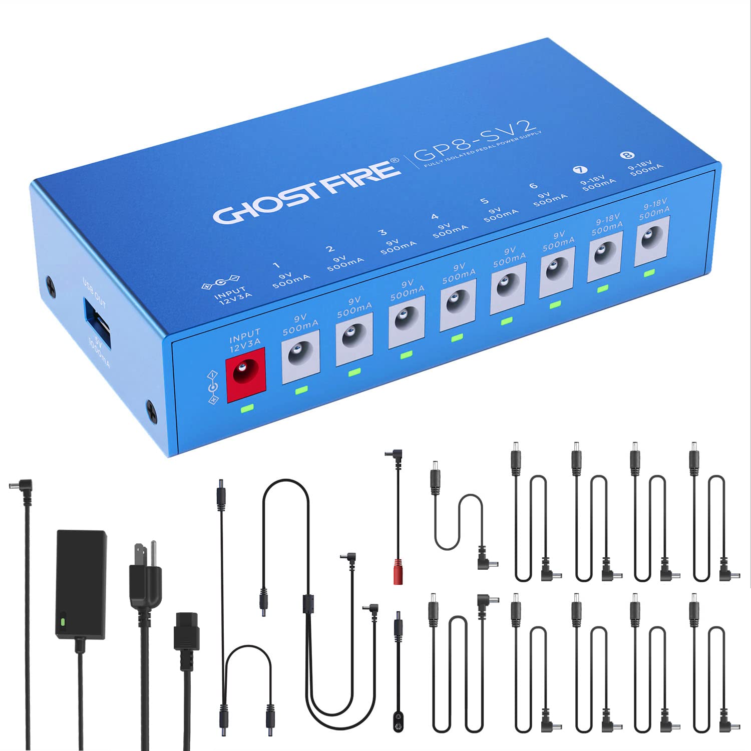 Ghost Fire Gp8-Sv2 8-Output Pedal Power Supply+ 5V Usb Output Guitar Effector Power Supply Power Bank(Gp8-Sv2)