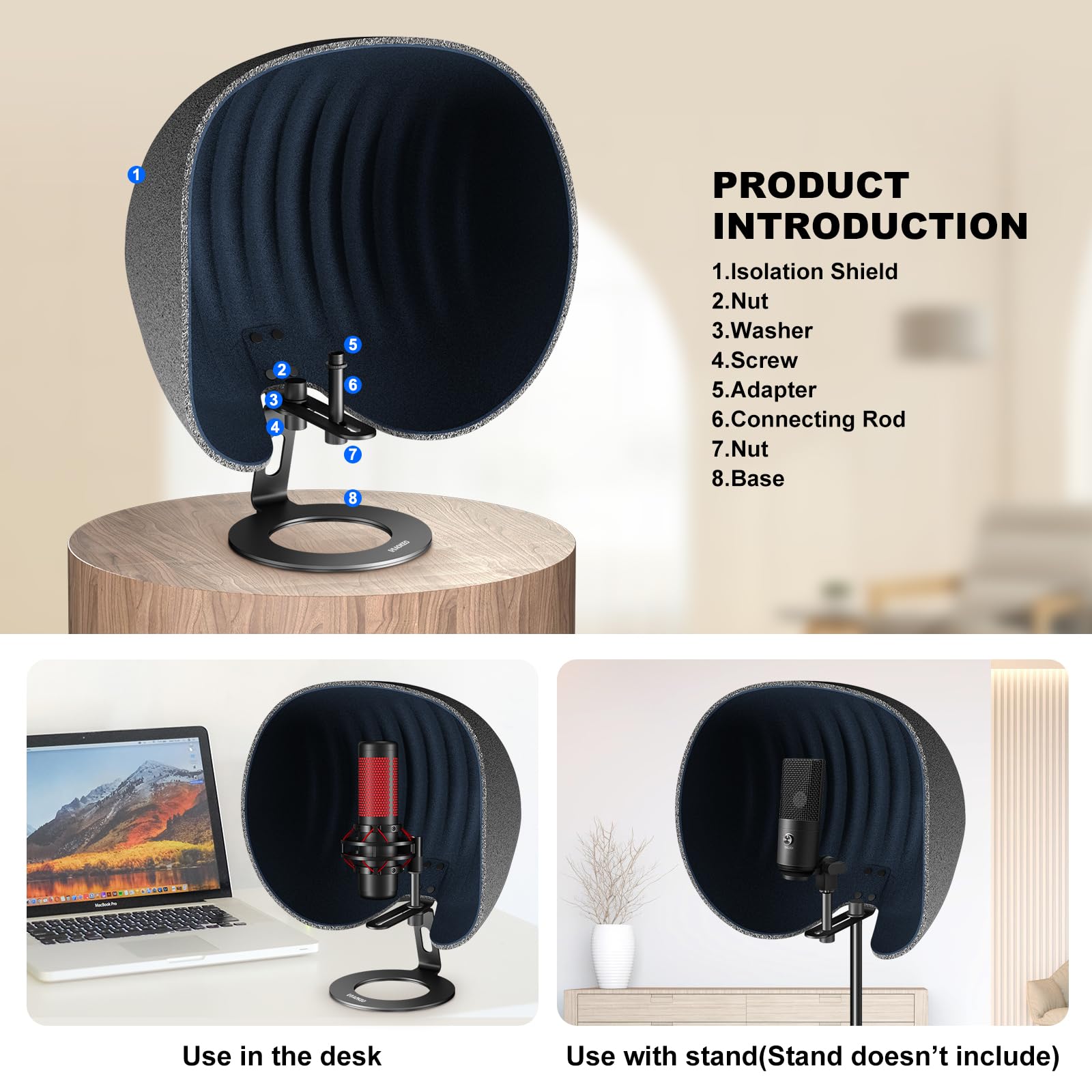 Microphone Isolation Shield,Aokeo 2024 Professional Recording Studio Equipment,360 Music Studio Mic Shield,Suitable for of Blue