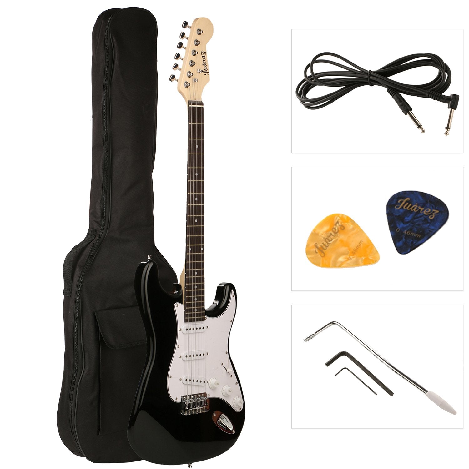 Juarez Jrz-St01-Bkw 6-String Linden Wood Electric Guitar, Right Handed, Black, With Case/Bag And Picks