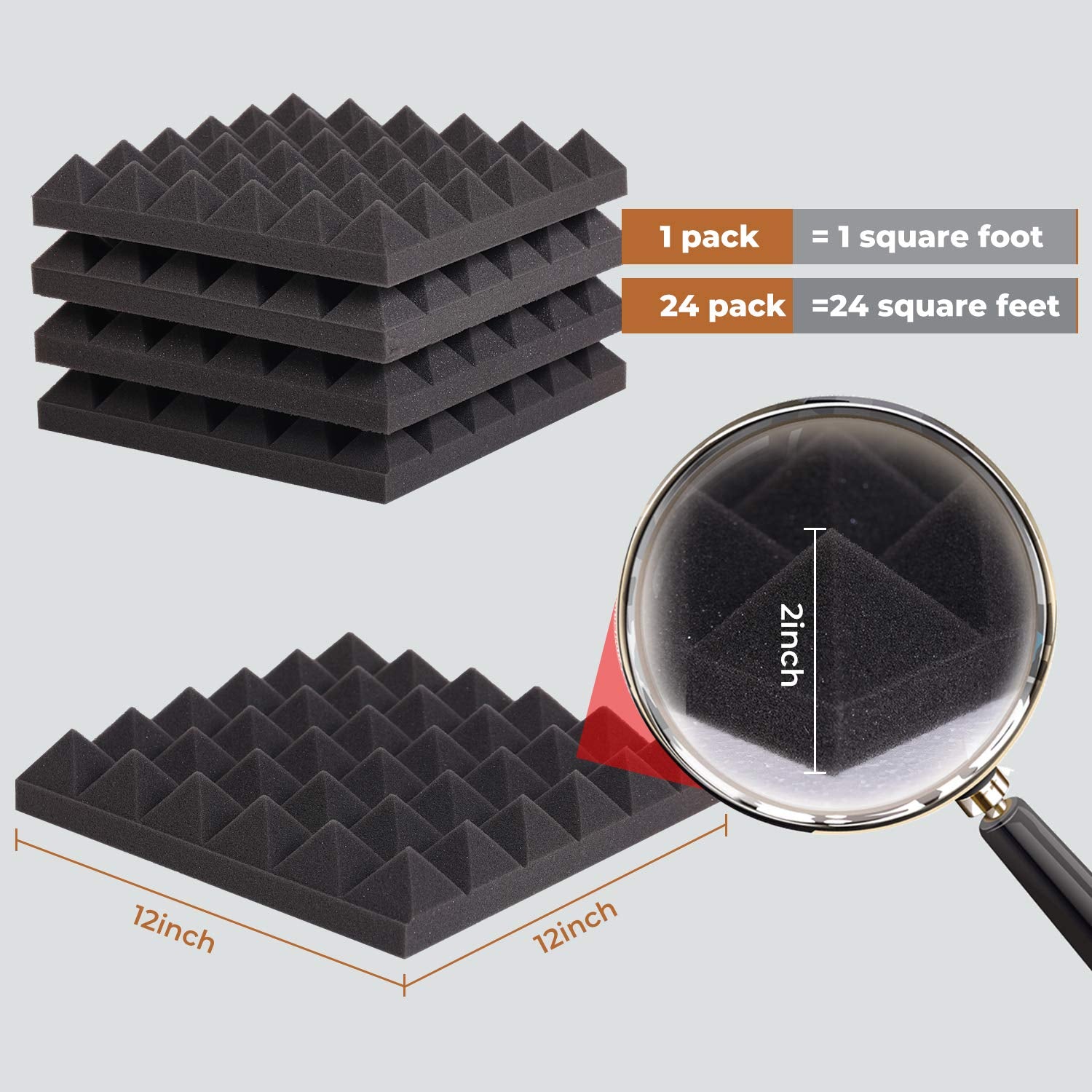 24 Pack-12 x 12 x 2 Inches Pyramid Designed Acoustic Foam Panels, Sound Proof Foam Panels Black, High Density and Fire Resistant