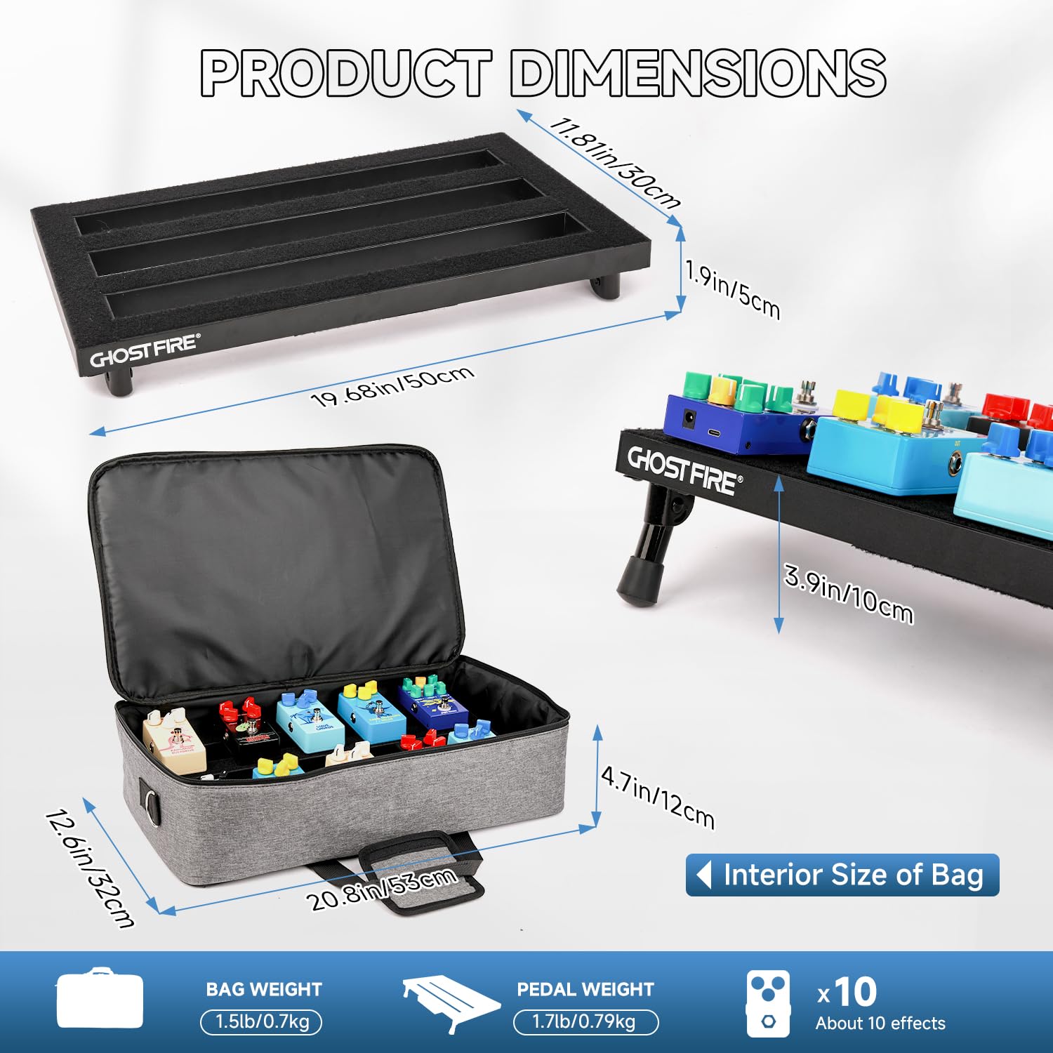 Ghost Fire Guitar Pedal Board Aluminum Alloy 1.76lb Super light Effect Pedalboard 19.8''x11.5'' with Carry Bag,SPL-04 and Power