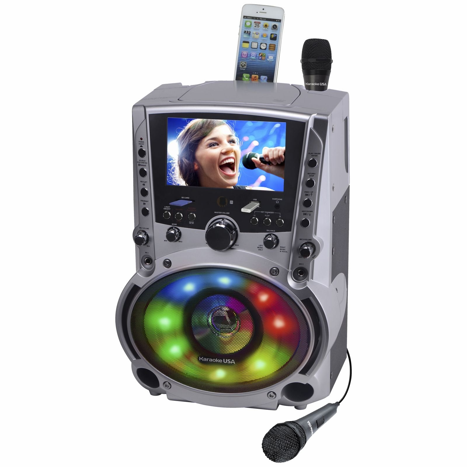 Karaoke USA GF758 Complete Karaoke System with 2 Microphones, Remote Control, 7    Color Screen, LED Lights - Works with DVD, Bl