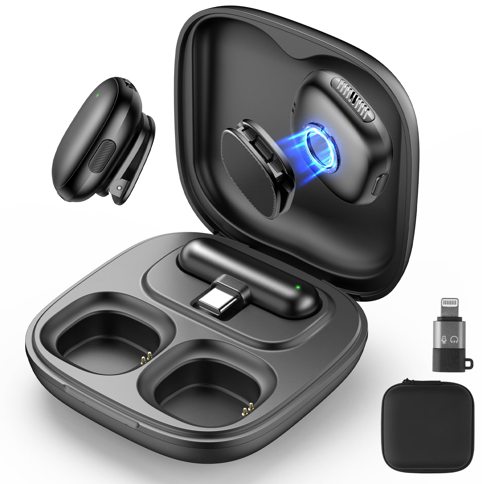 Wireless Lavalier Microphone for iPhone/Android, Lapel Mics with Lighting/USB-C Plug-Play, AI Noise Cancellation, 35H Battery Li