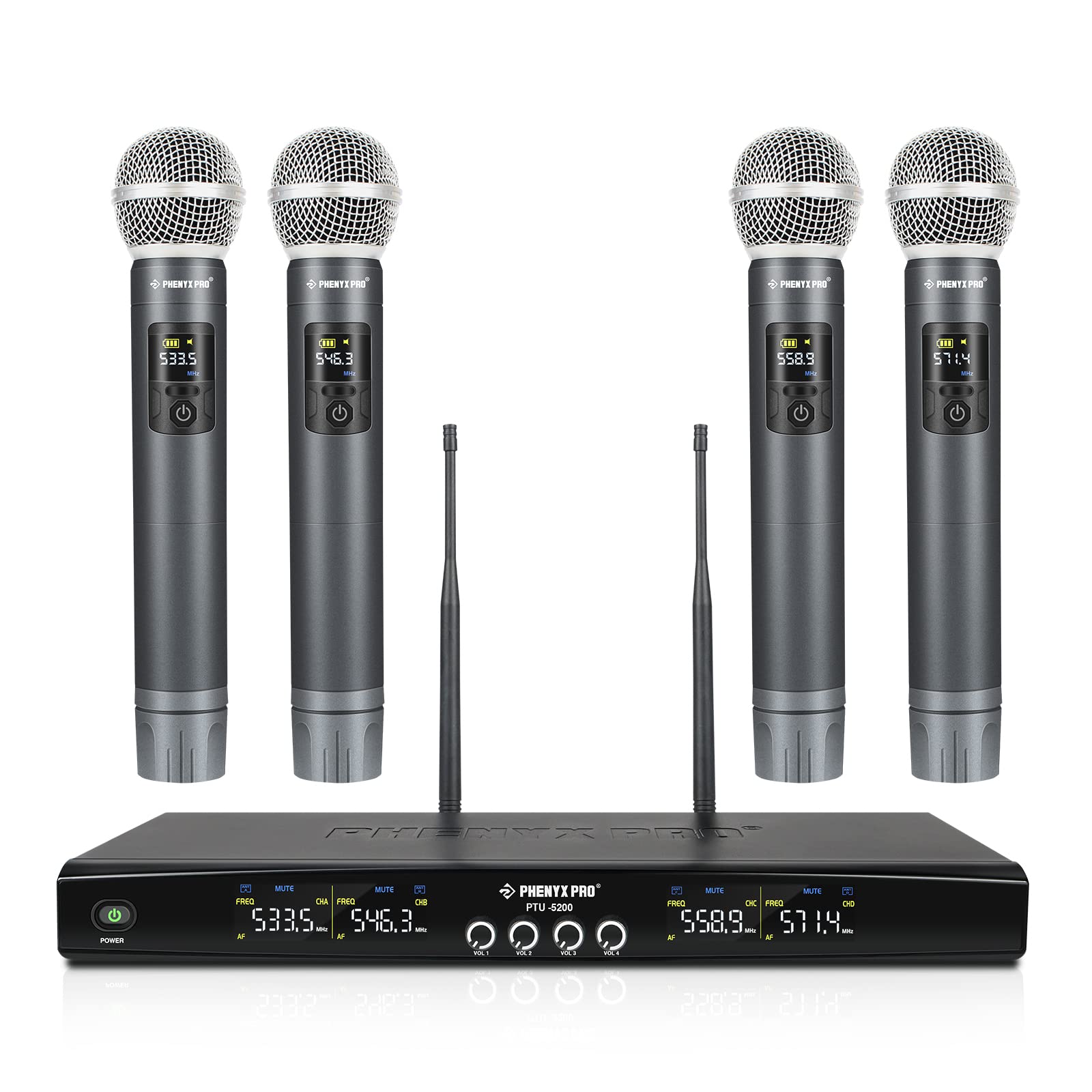 Phenyx Pro Wireless Microphone System, Metal Wireless Mic Set With 4 Cordless Mics, 4X25 Uhf Adjustable Frequencies, 200Ft Range