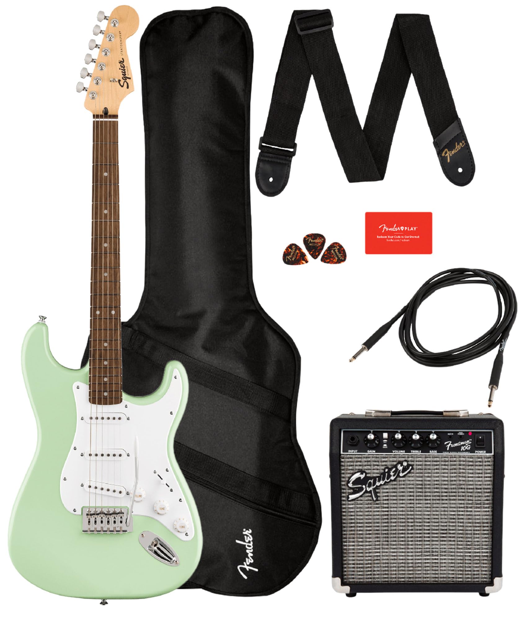 Fender Squier Sonic Stratocaster Pack - Surf Green Bundle With Frontman 10G Amp, Gig Bag, Instrument Cable, Strap, Picks, And 3-