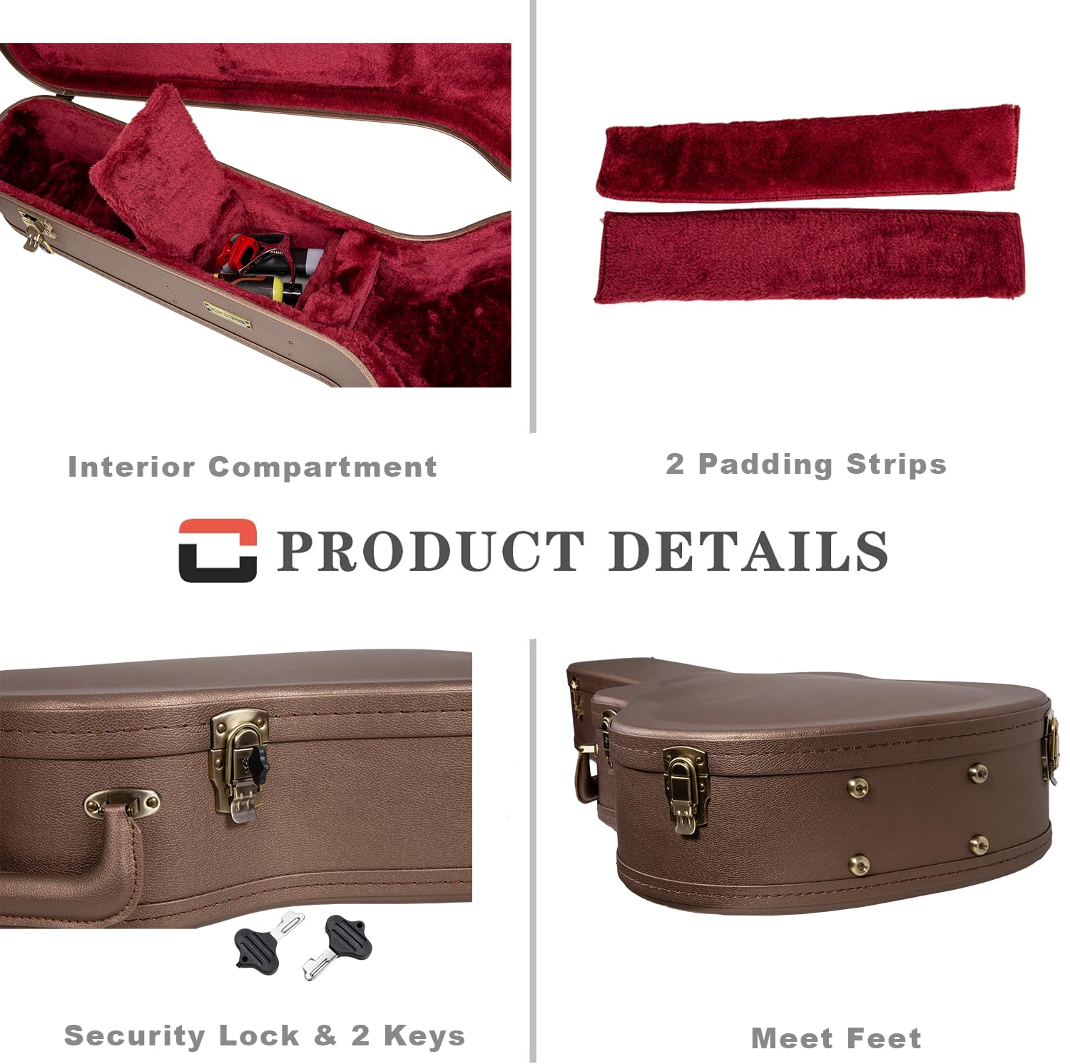 Crossrock Wooden Classical Guitar Case for 4/4 Nylon-String | Chocolate Brown Finish, Burgundy velvet Interior, Lock - Designer