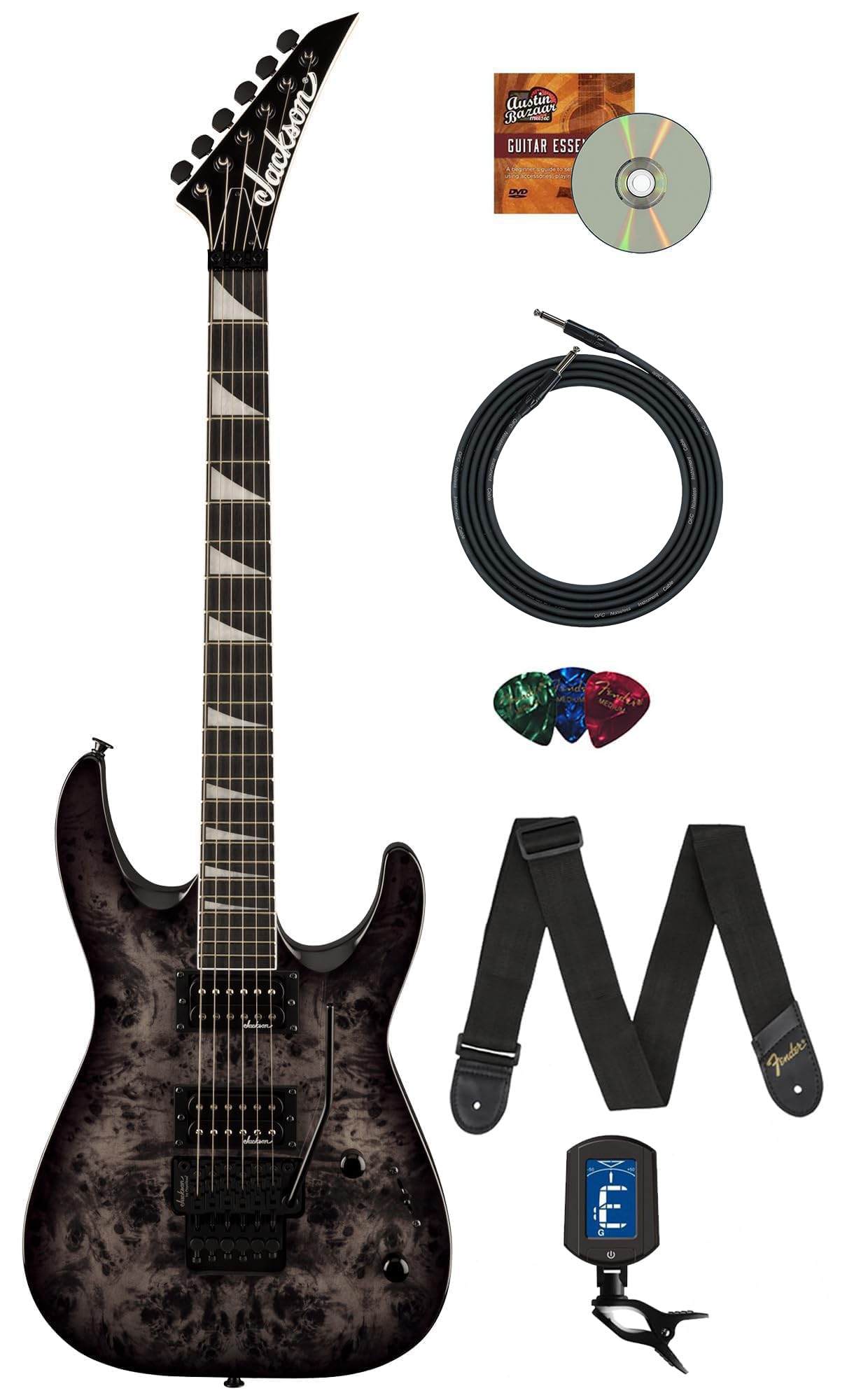 Jackson Js Series Dinky Js32 Dkap Transparent Black Bundle With Cable, Tuner, Strap, Picks, And Austin Bazaar Guitar Dvd