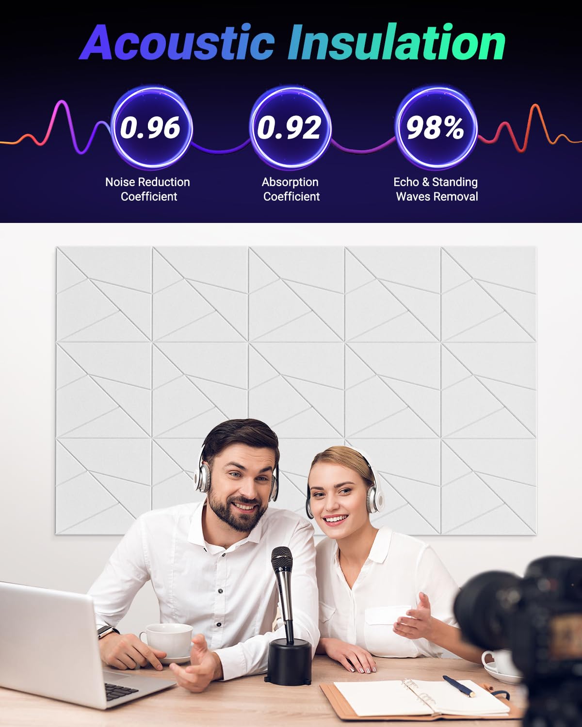 Topnaca 18 Pack Soundproof Wall Panels, Self Adhesive Sound Proof Foam Panels for Walls 12''x12''x0.4'', Dynamic Line Acoustic P