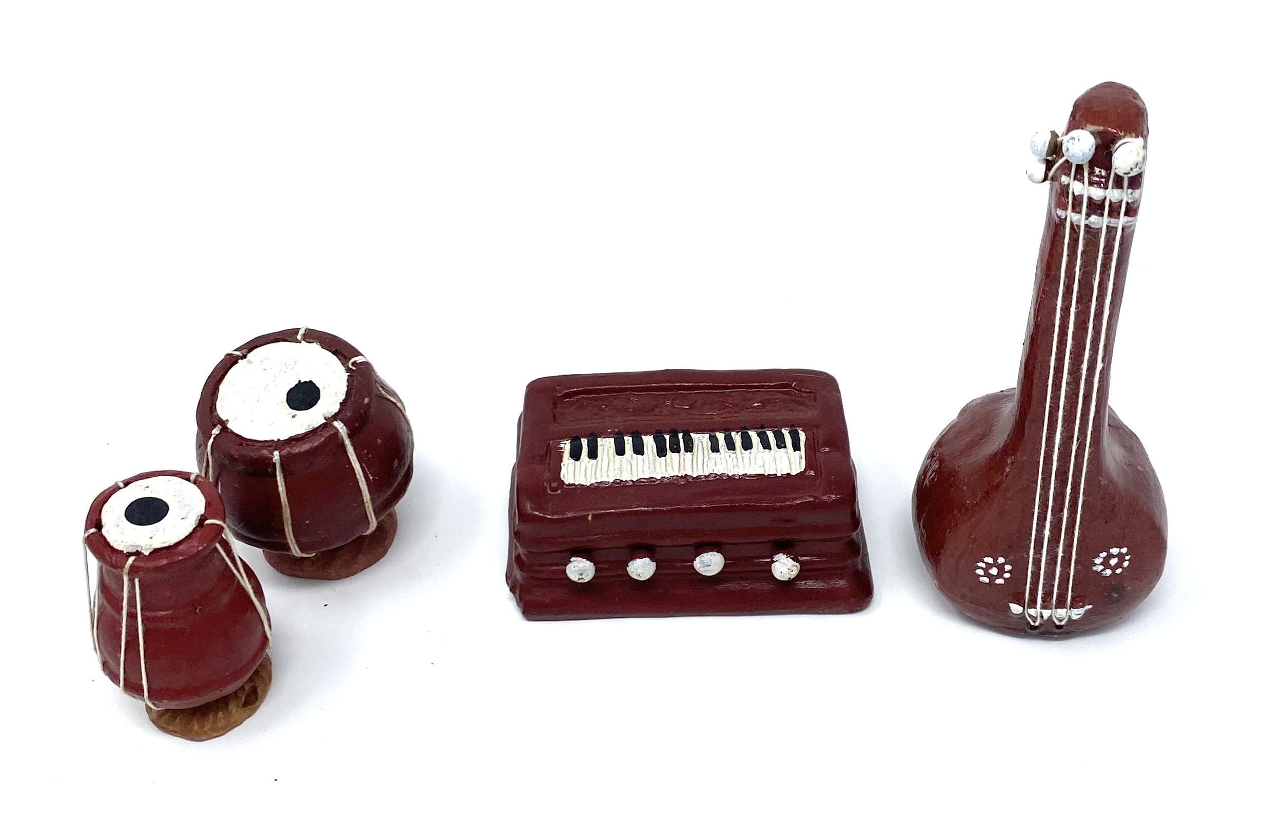 Mahant Ji Terracotta Clay Miniature Musical Instruments Showpiece Set For Home Dcor Or Tabla Sitar Harmonium Set Handicraft Show