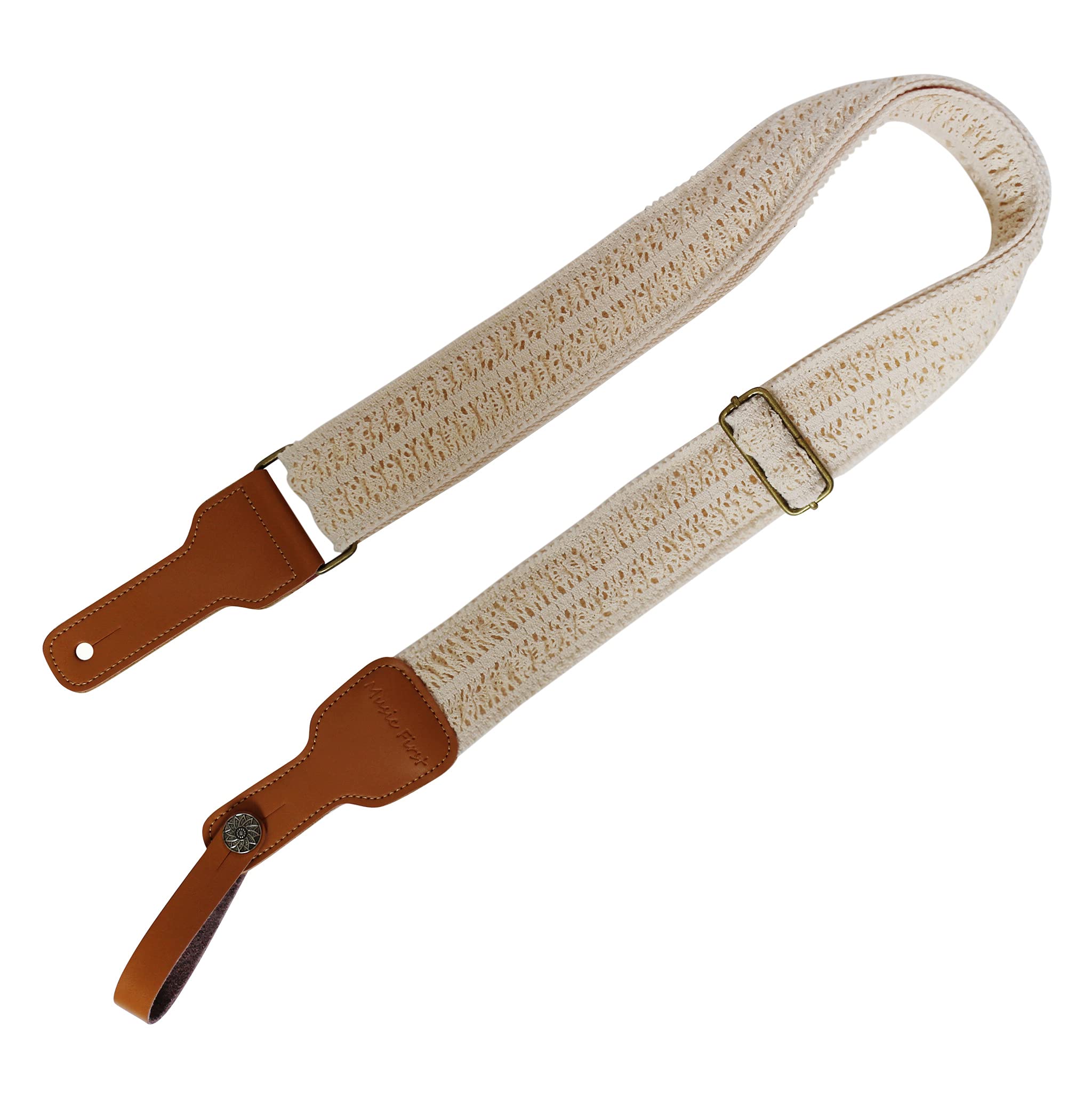 MUSIC FIRST Original Design, 2 inch width (5cm), Cream Graceful & Vintage Lace Soft Lace & Genuine Leather Delux Guitar Strap, E