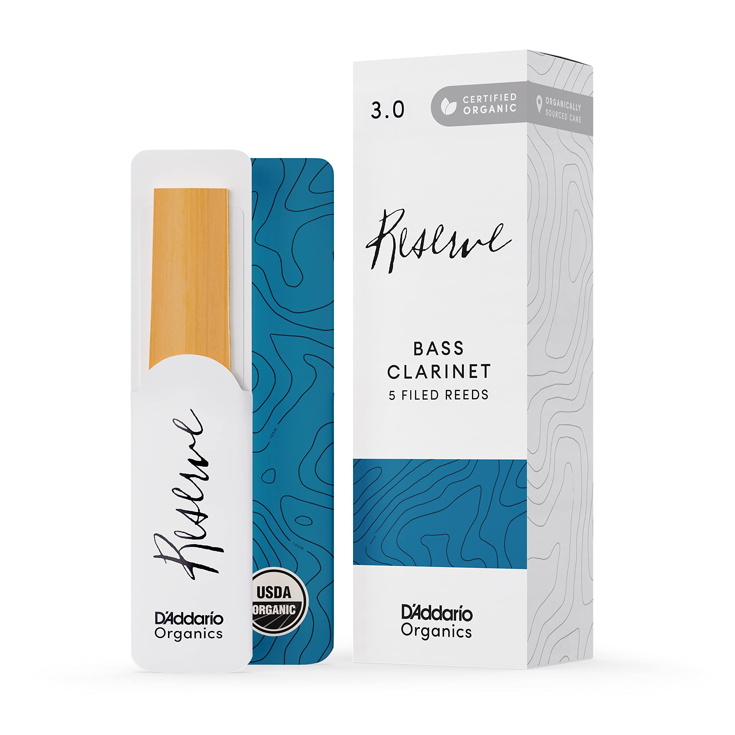 DAddario Organic Reserve Bass Clarinet Reeds - Reeds for Clarinet - Individually Sealed - 3.0 Strength, 5 Pack
