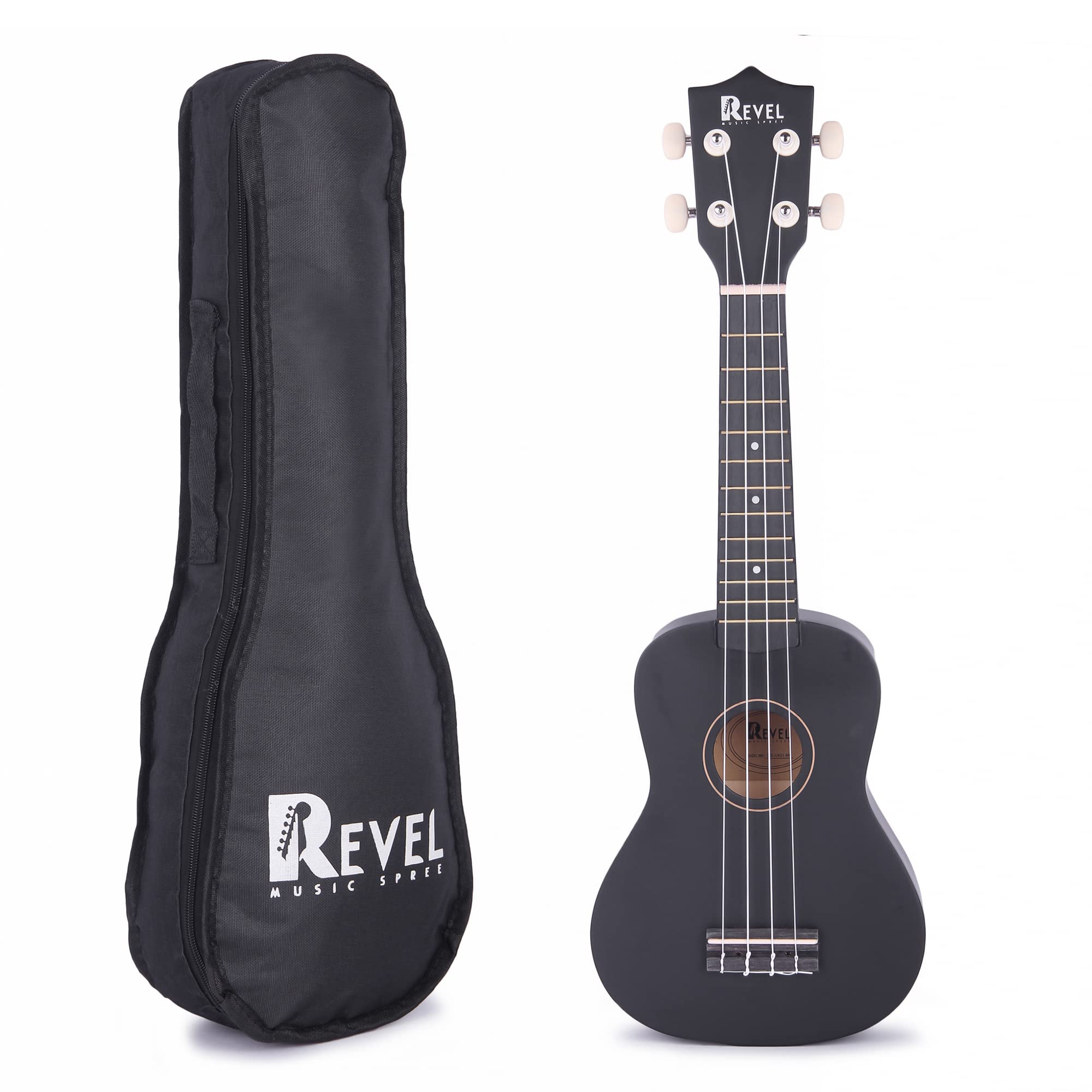 REVEL 21 inches Soprano Ukulele (Jamming Black) with carry bag. Core with gentle braced wood for warm bright tone.(Black)