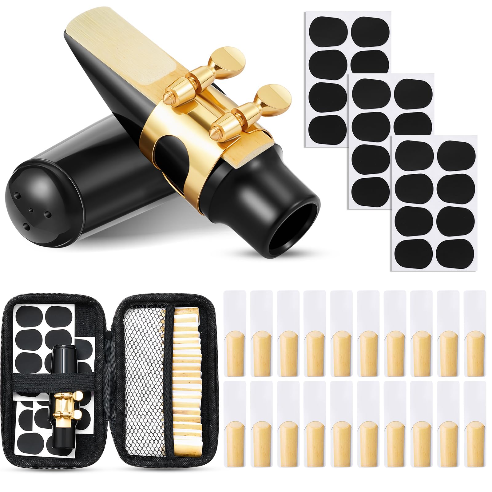 Treela 49 Pcs Alto Saxophone Replacement Kit Includes 1 Gold Sax Ligature 1 Mouthpiece 1 Plastic Cap 21 Sax 2.5 Reeds 24 Mouthpi