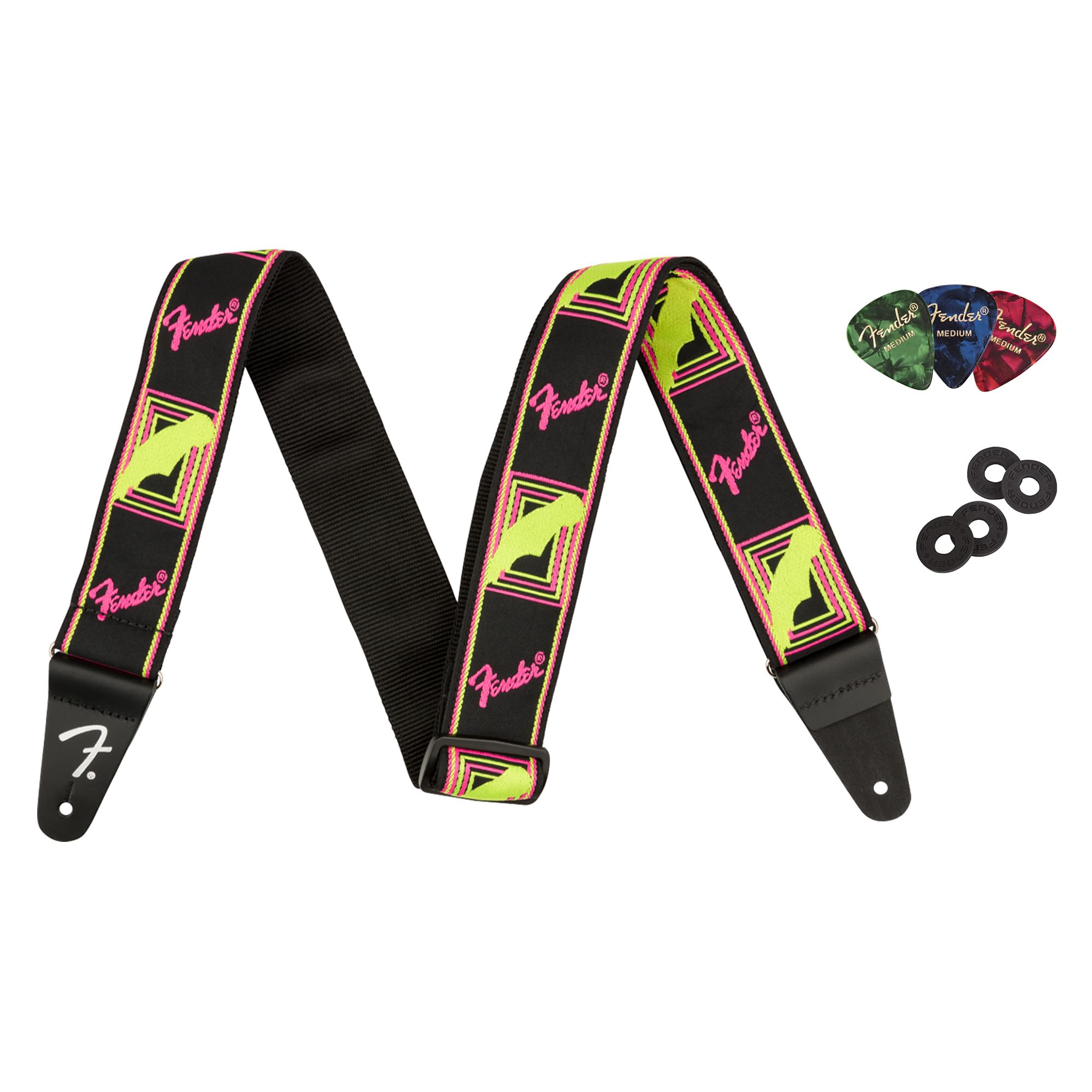 Fender Neon Monogrammed 2-Inch Guitar Strap - Pink And Yellow Bundle With Strap Blocks And Picks