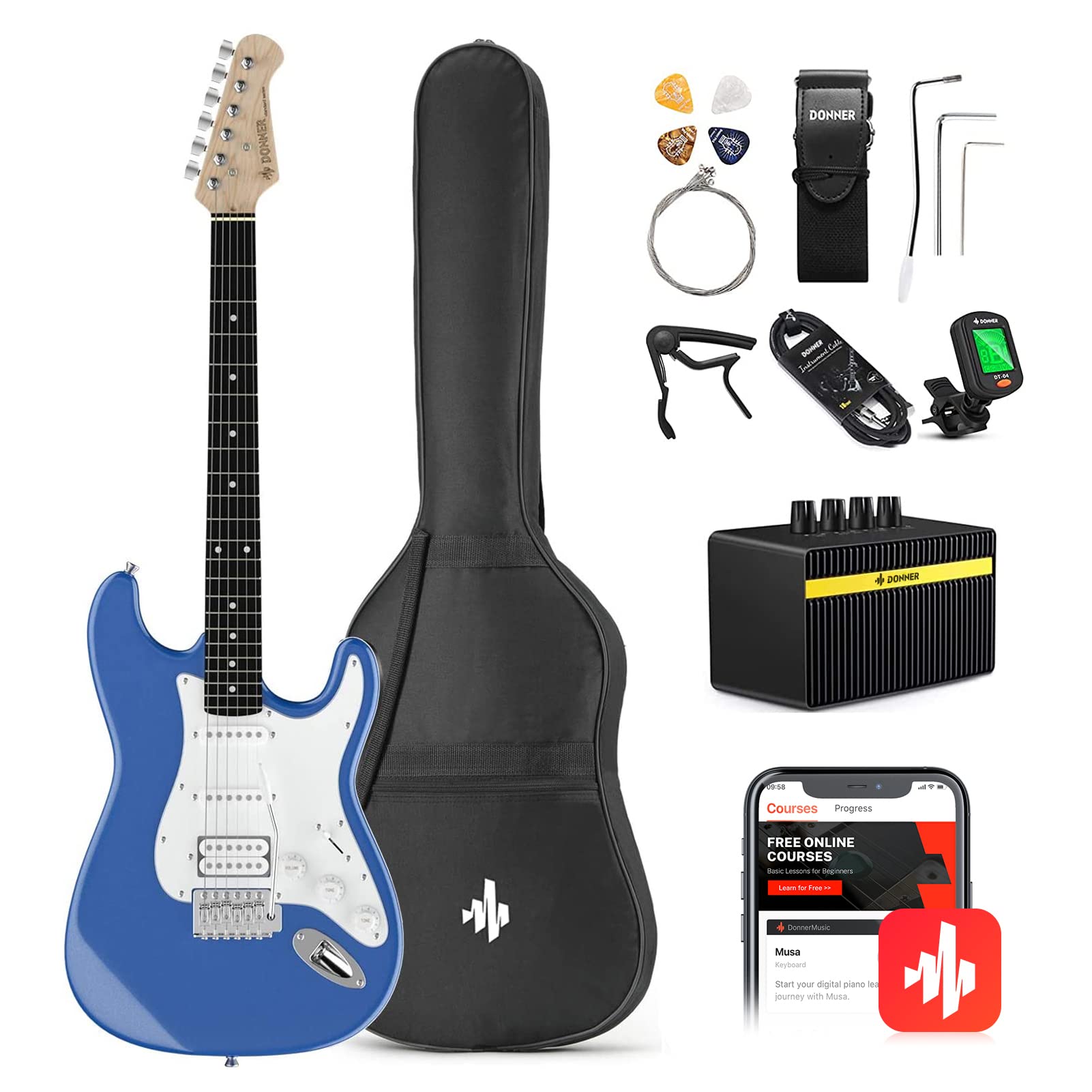 Donner Dst-100T 39 Inch Electric Guitar Beginner Kit Solid Body Full Size Lake Blue Hss Pick Up For Starter, With Amplifier, Bag