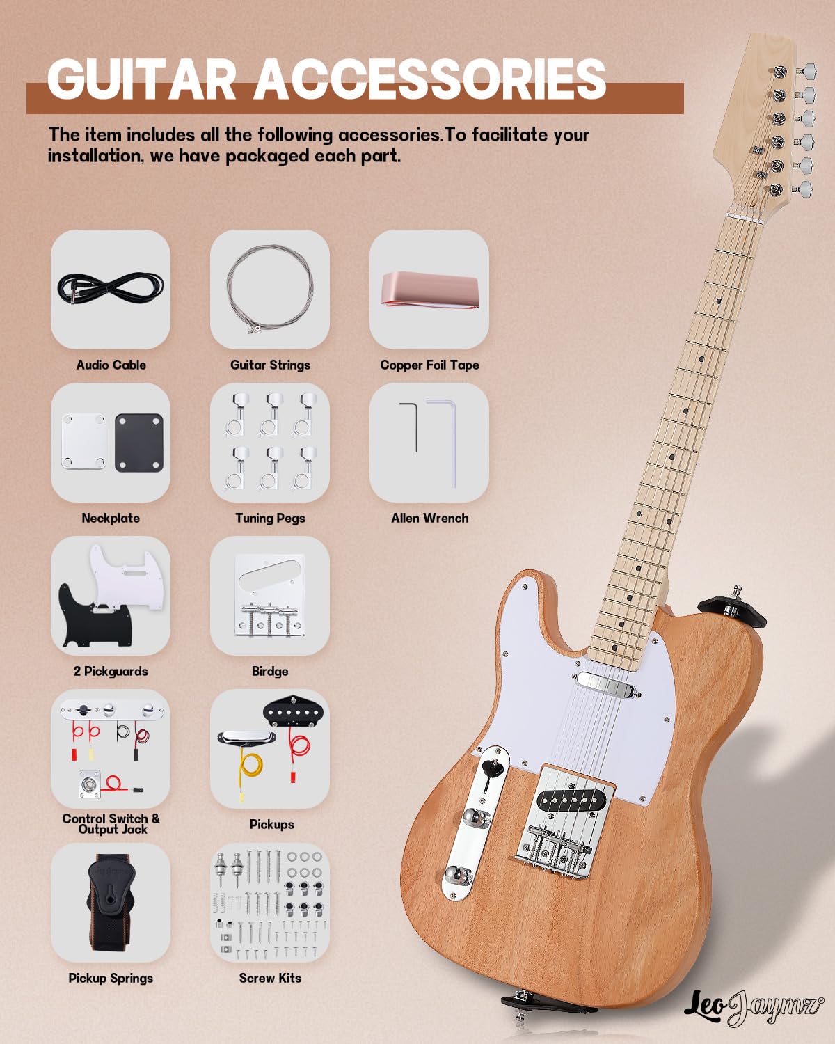 Leo Jaymz DIY TL Lefthand Style Electric Guitar Kits with Mahogany Body and Maple Neck - Maple Fingerboard and All Components In
