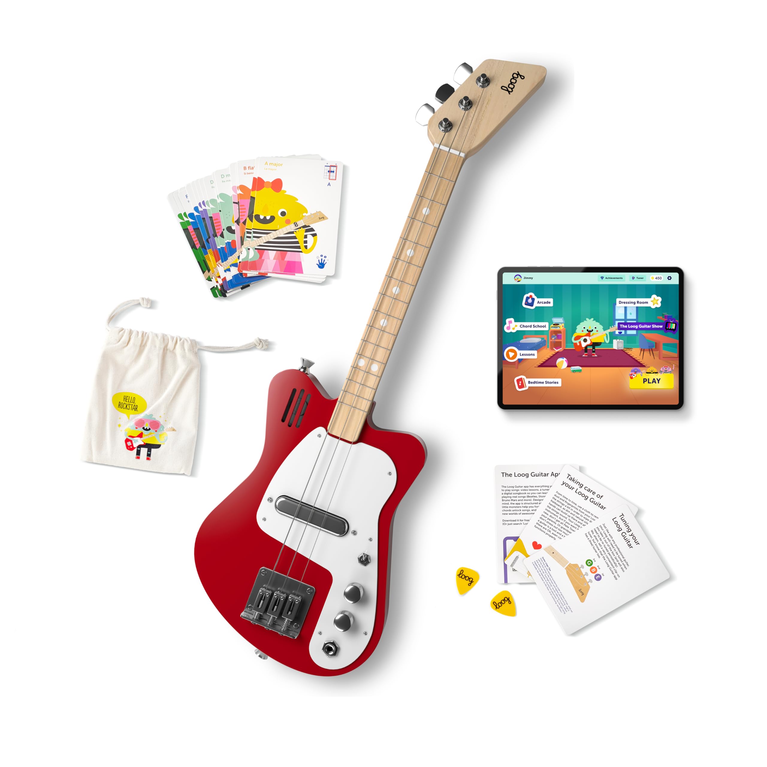 Loog Mini Electric Kids Guitar For Beginners Built-In Amp Ages 3+ Learning App And Lessons Included Red
