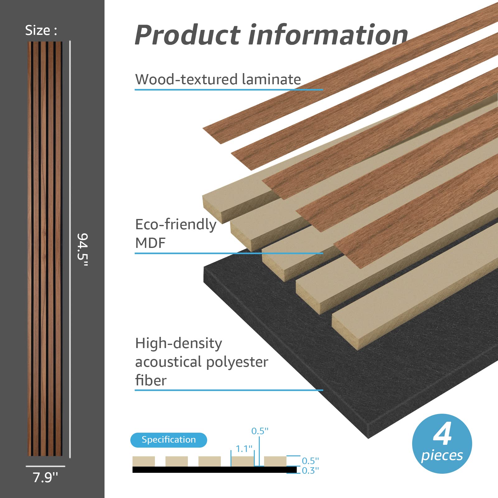Art3d 4-Piece Wood Slat Acoustic Panels for Stylish Decor and Noise Reduction, 3D Textured Panel for Ceiling and Wall, Walnut