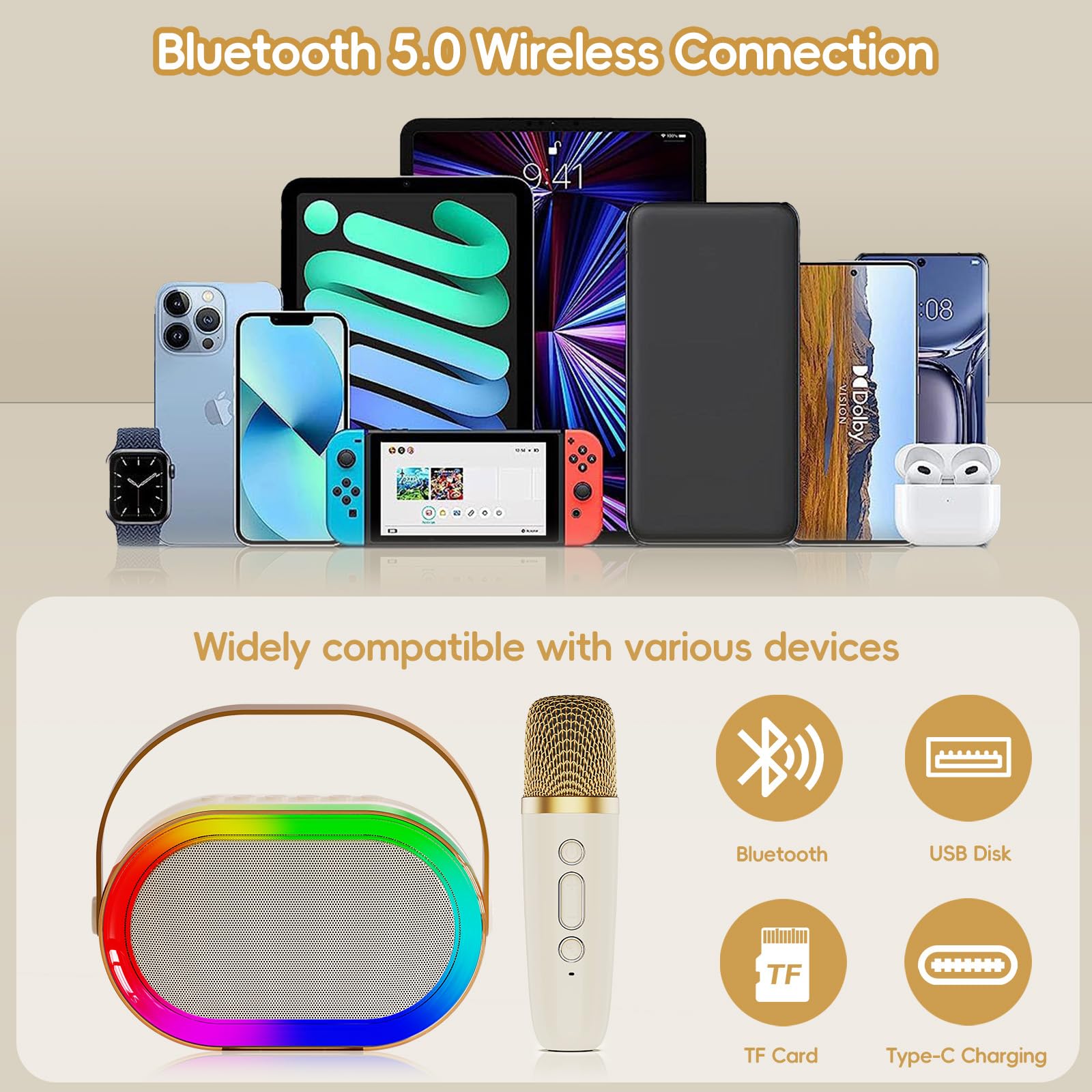 HWWR Karaoke Machine for Kids Adults, Portable Bluetooth Speaker Mini Karaoke Machine with Wireless Microphones & LED Lights for