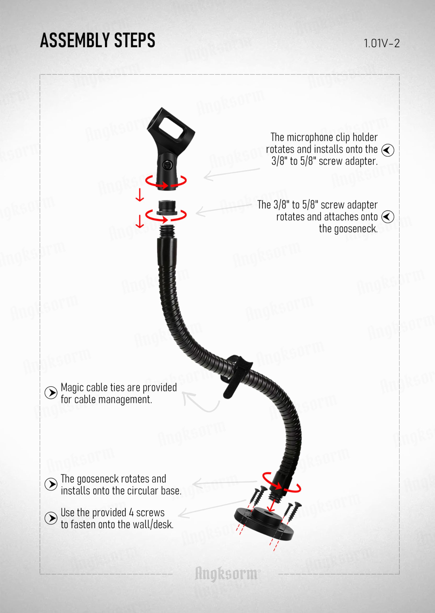 Angksorm Microphone Arm Stand 19'' Flexible Gooseneck Mic Stand Holder with Mounting Base for Table Walls Podium Podcasting Stre