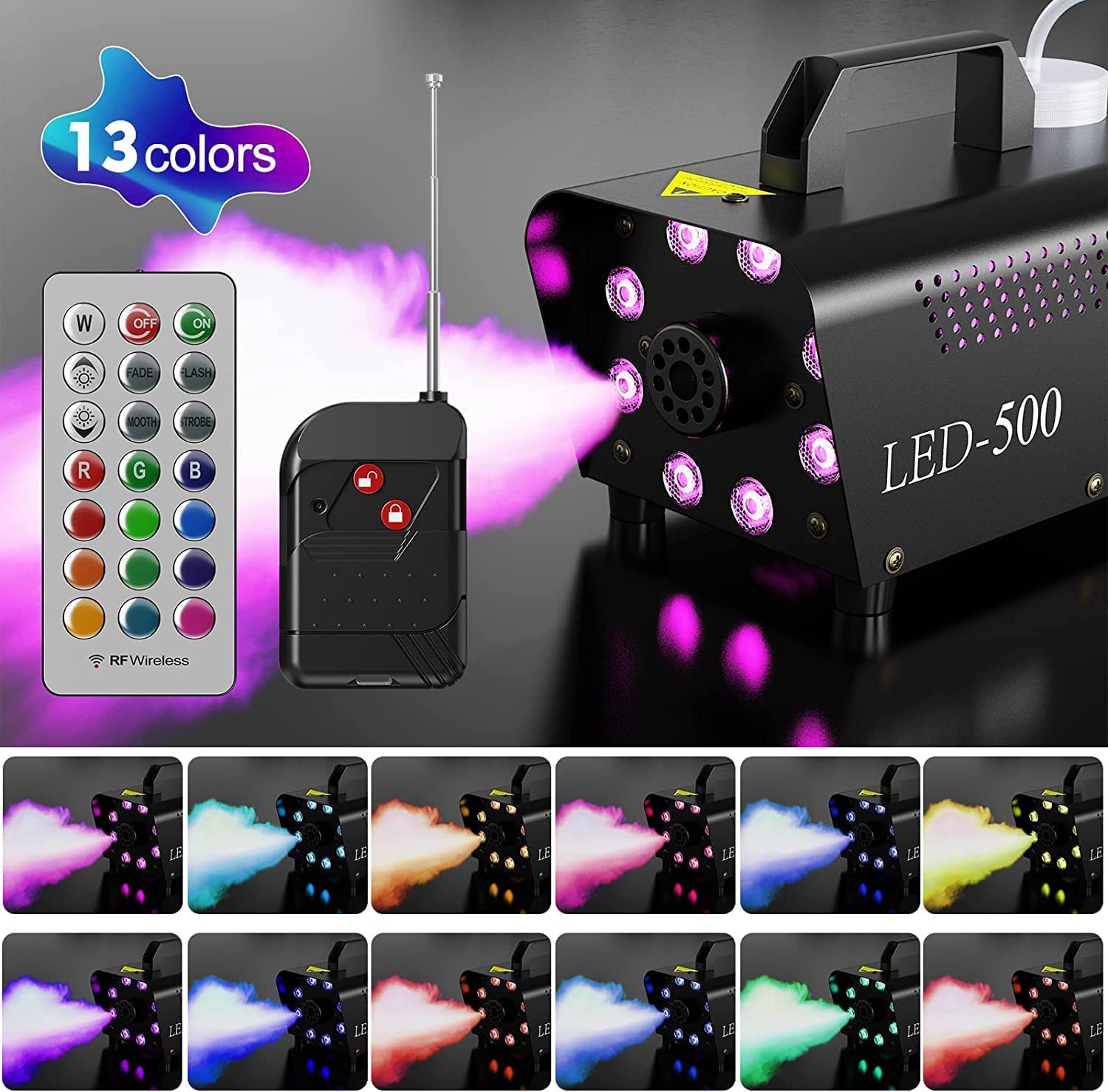 Motorenbau Fog Machine with 8 LED Lights,Smoke Machine with 13 Colorful LED Lights Effect,500W and 2000CFM Fog with Remote Contr