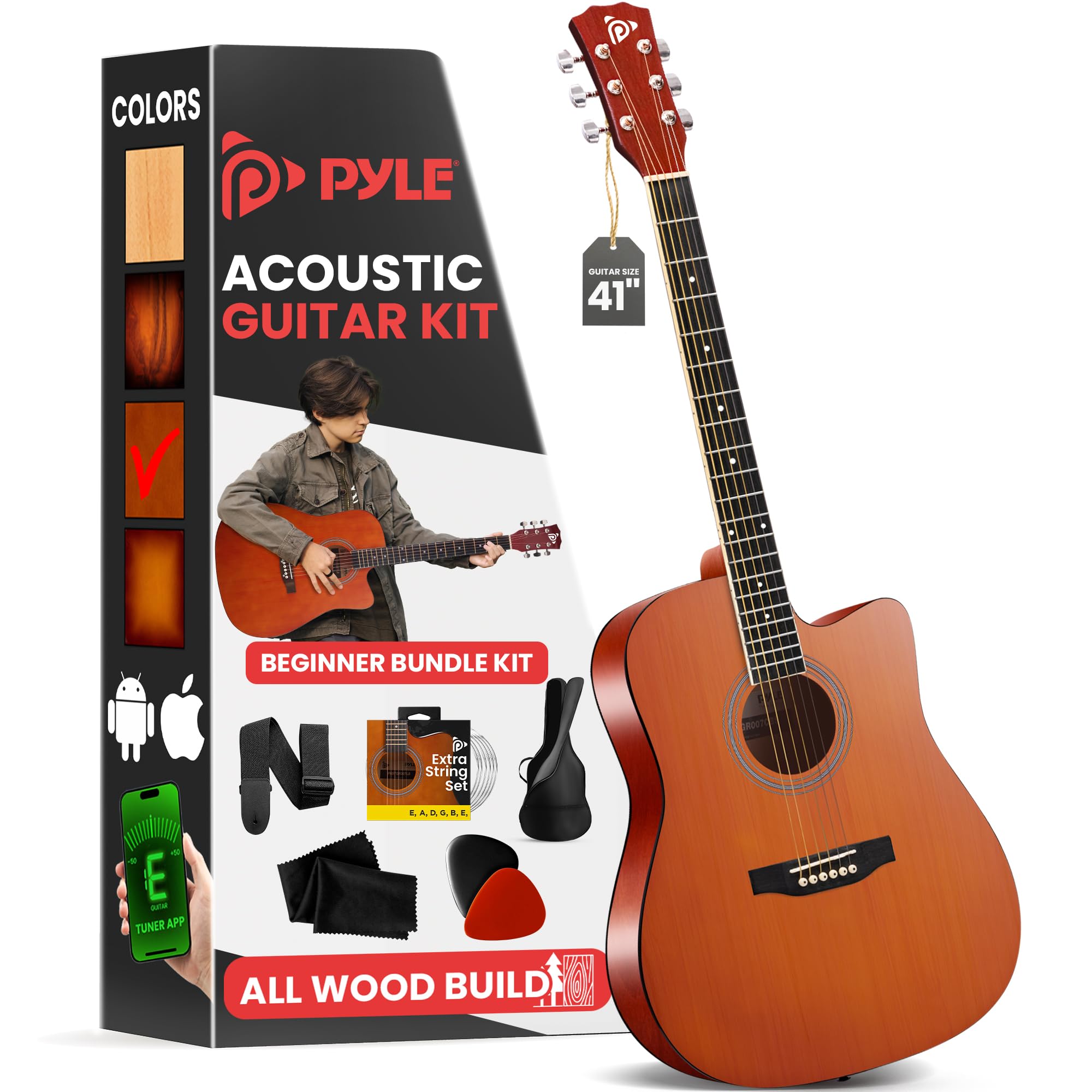 Pyle Steel String Acoustic Guitar Kit, 4/4 Full Size Cutaway All-Wood Guitarra Acustica With Premium Accessory Set And Upgraded