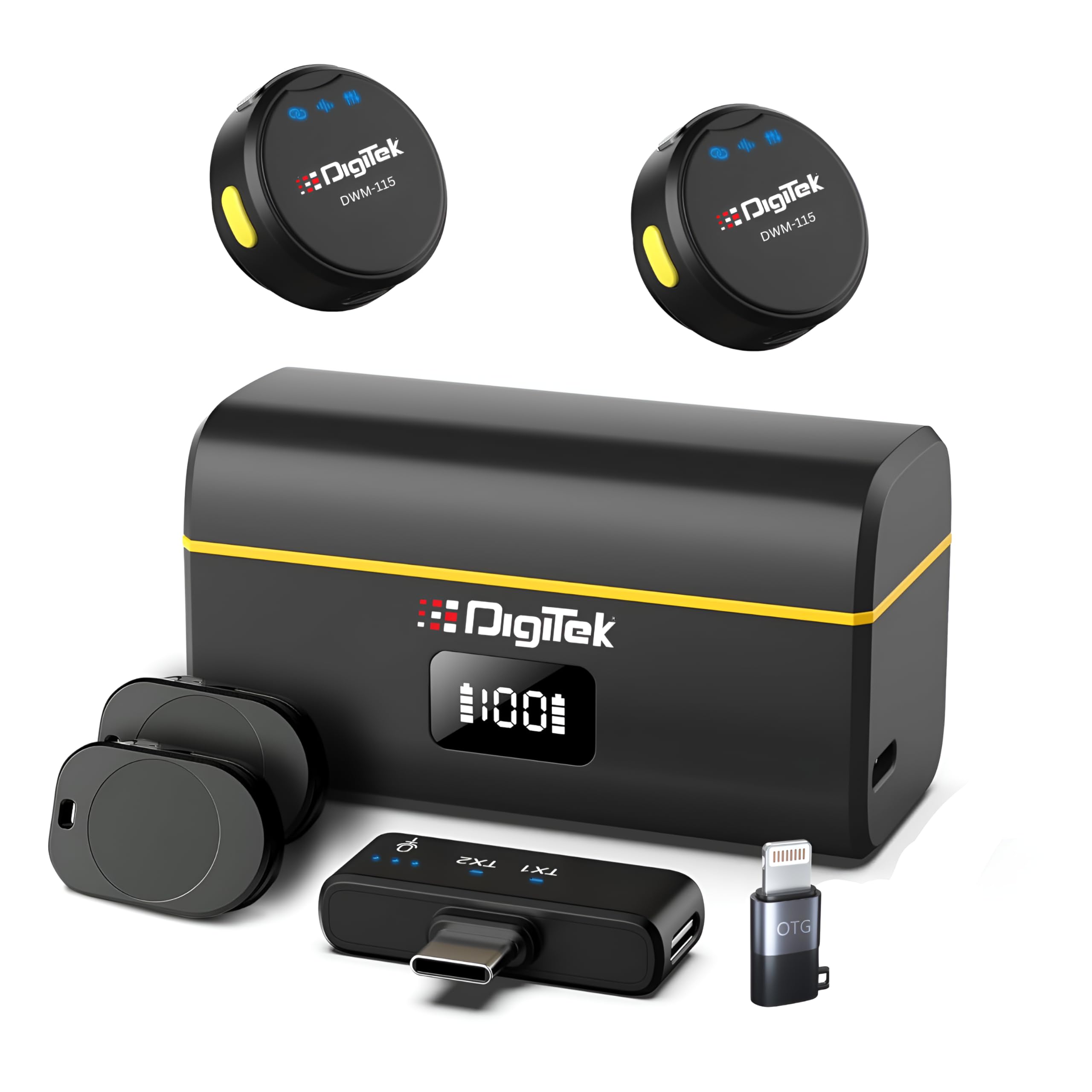 Digitek (DWM-115 2-in-1 Wireless Microphone, 2.4GHz, Magnetic Clip, Noise Reduction Lavalier Mic, 40m Range, 6Hr Battery, 360 So