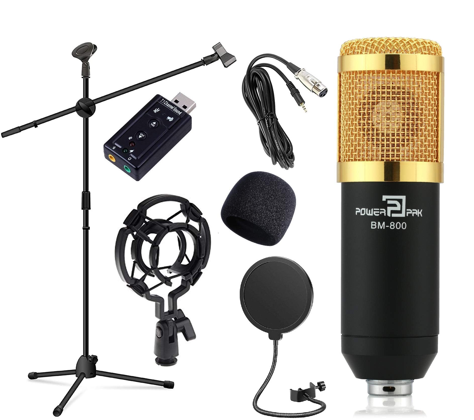 Powerpak Bm-800 Black Condenser Microphone With Microphone Stand Pop Filter Sound Card Shock Mount Foam Cap Xlr Cable | No Drive