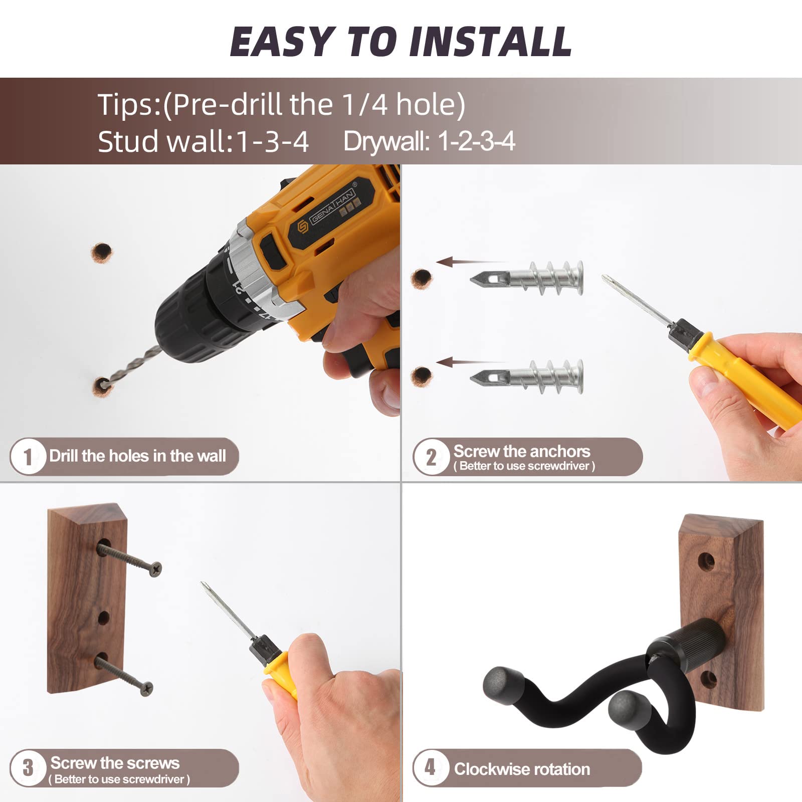 Guitar Wall Mount, Guitar Hangers hooks Bracket Holders for Acoustic and Electric Guitars Bass Banjo Mandolin, Black Walnut Wood