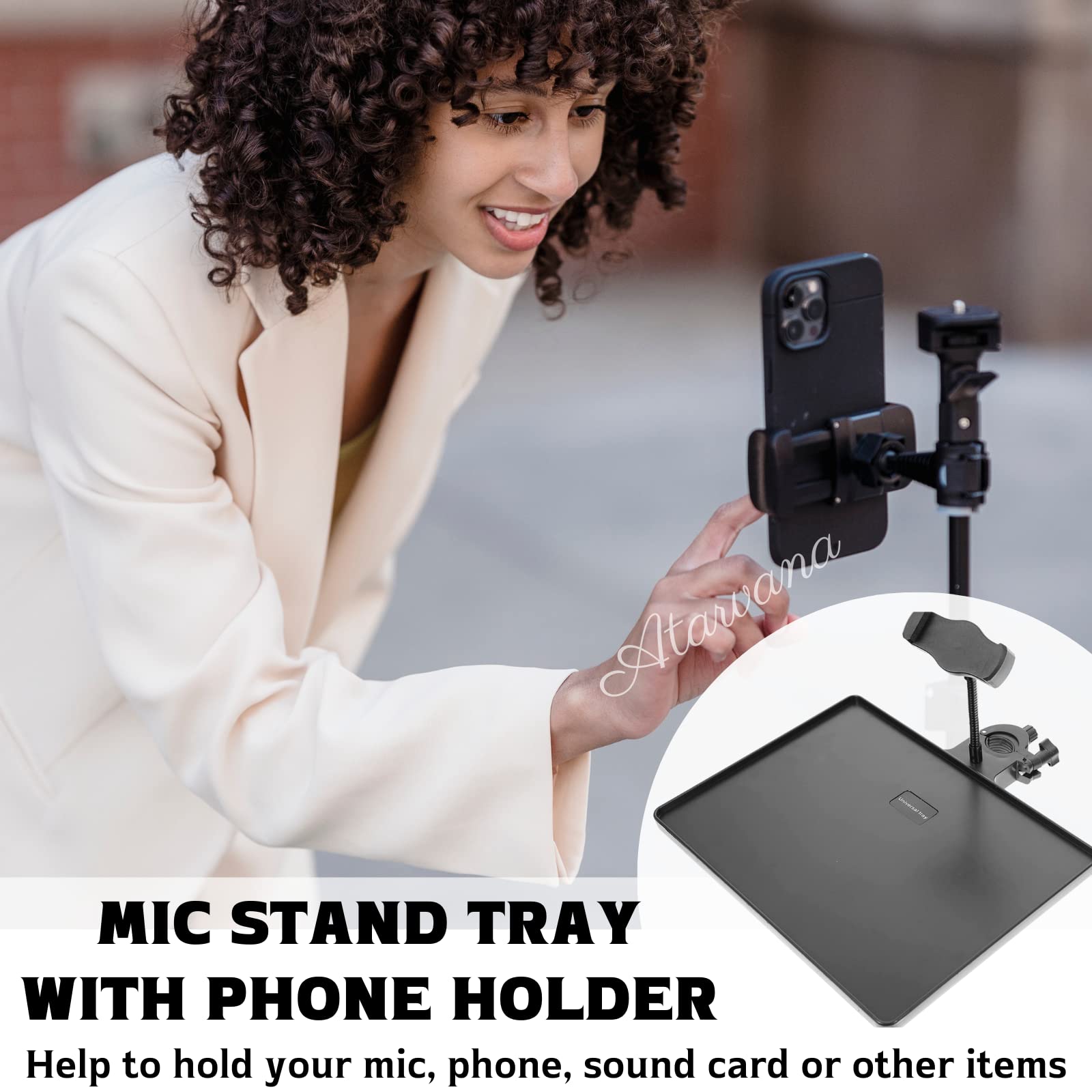 Universal Microphone Stand Tray with Phone Holder, Mic Stand Clamp-On Utility Shelf Rack Tray Holder for Music Sheet, Live Strea