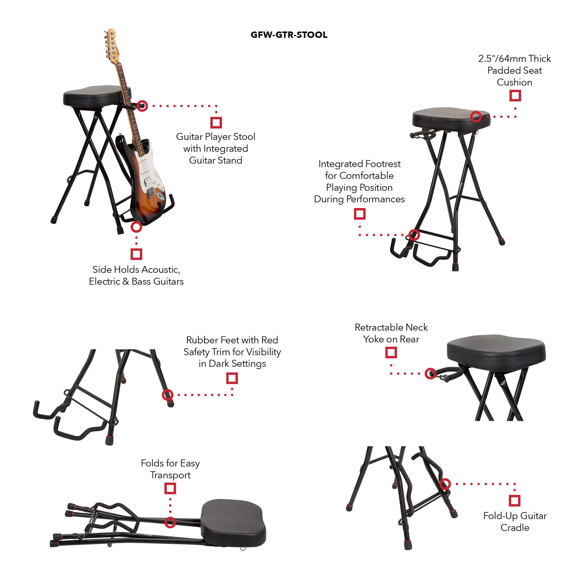 Gator Frameworks Foldable Guitar Stool with Padded Seat and Rear Mounted Guitar Hanger; (GFW-GTRSTOOL)