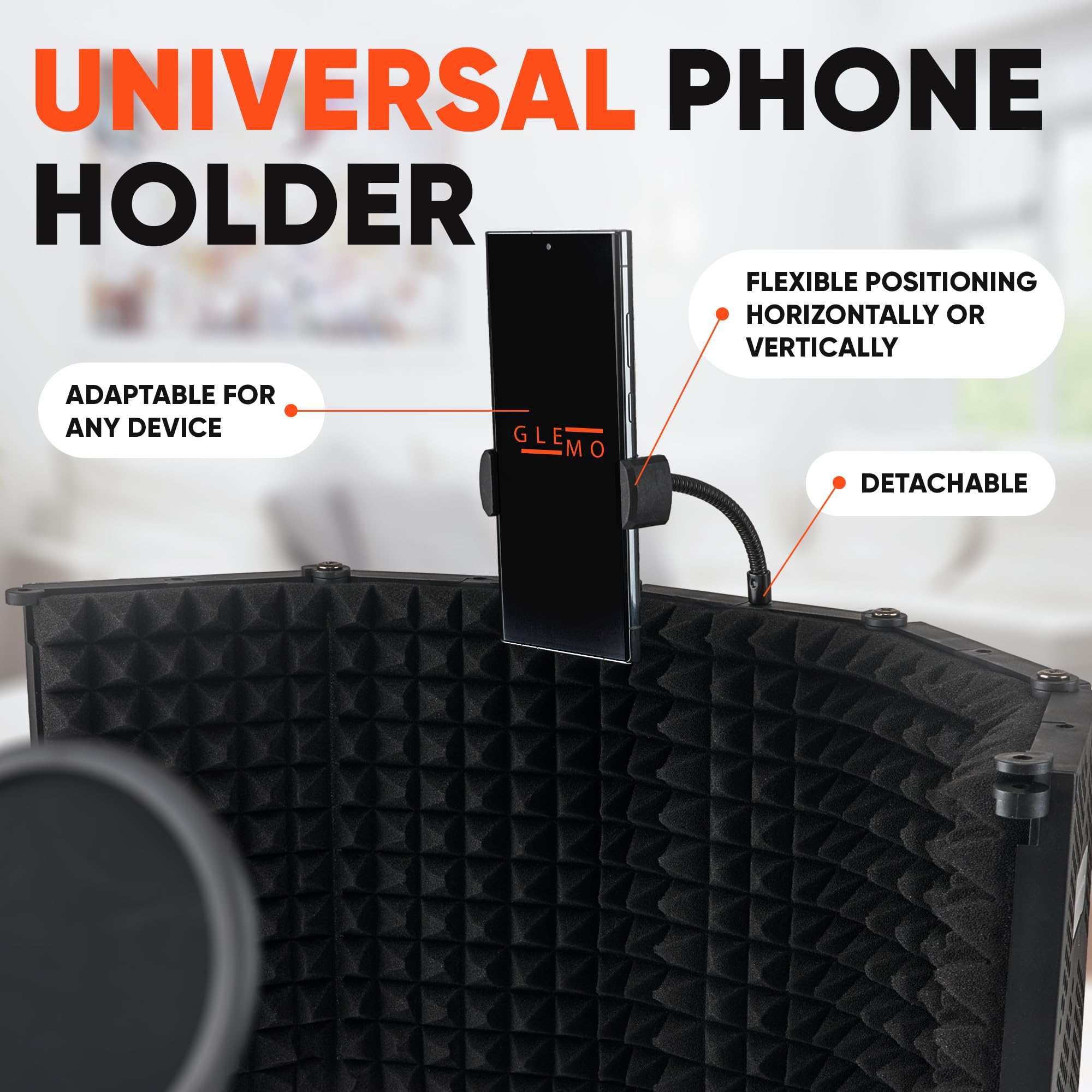 Glemoriol Microphone Isolation Shield with Phone Holder, Pop Filter & Desktop Stand - Sound Proofing Studio Setup for Enhanced S