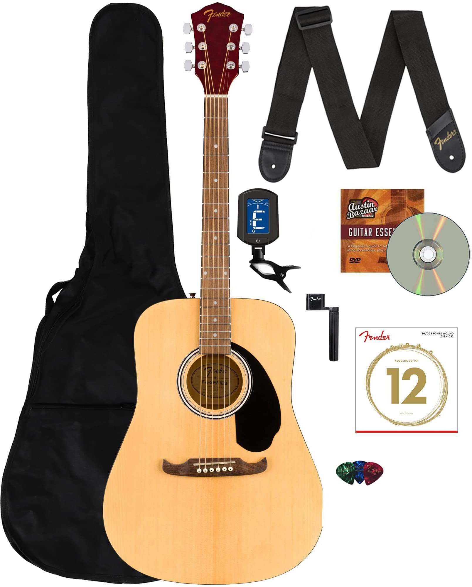 Fender FA-125 Dreadnought Guitar - Sunburst Bundle with Gig Bag, Tuner, Strap, Strings, String Winder, Picks, and Austin Bazaar 