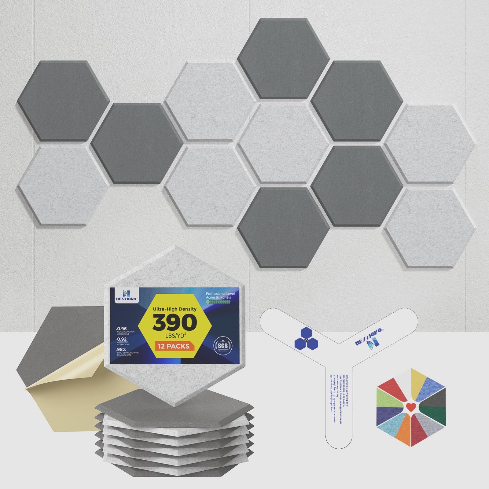 Dexmoko Self-Adhesive Acoustic Panels [390 Lbs/Yd Ultra-High Density], 2Nd Generation Sound Absorbing Panel, Professional Level