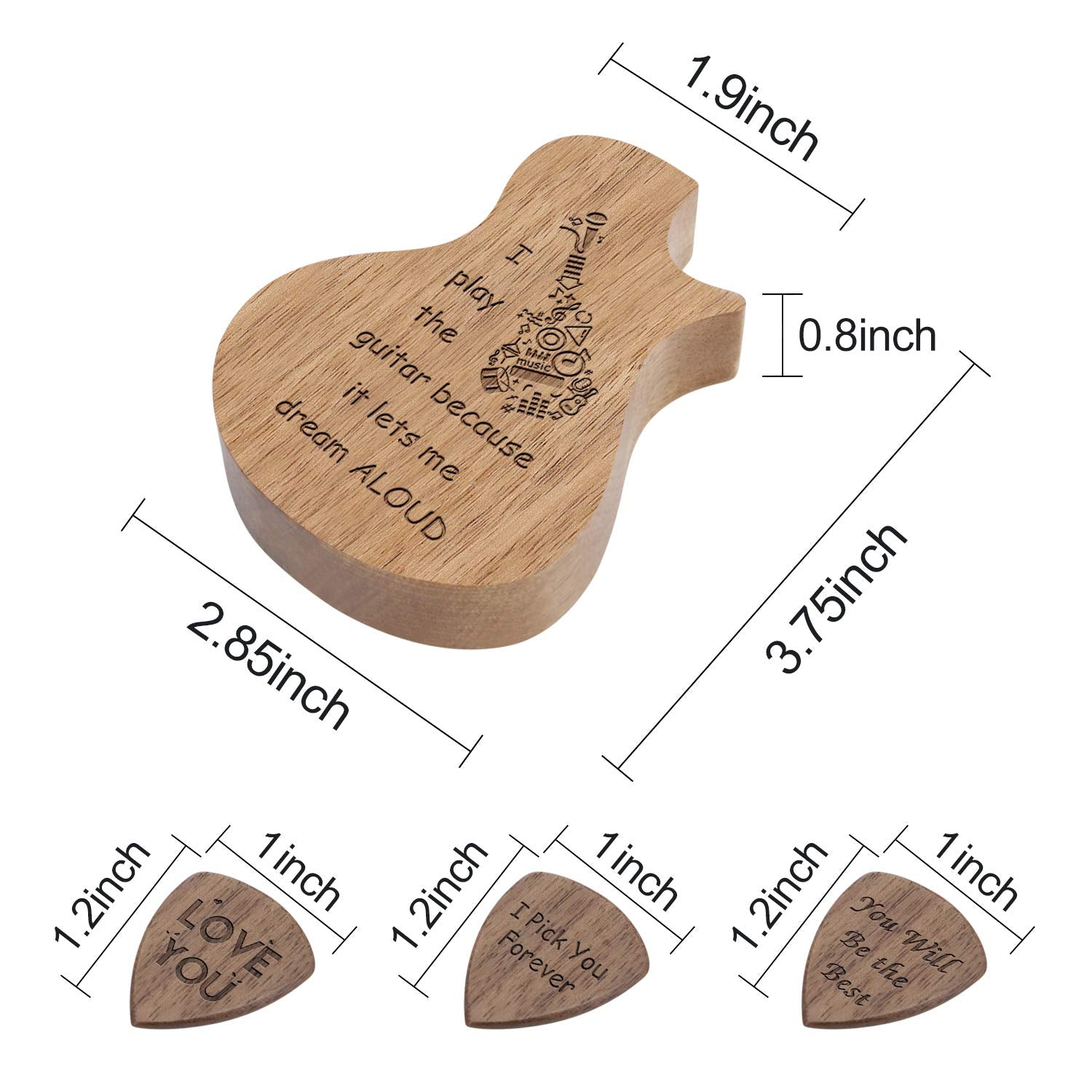 Engraved Guitar Pick Box, Guitar Shaped Guitar Pick Box, Personalized Wood Guitar Picks Box, Plectrum Container with 3 Pcs Guita
