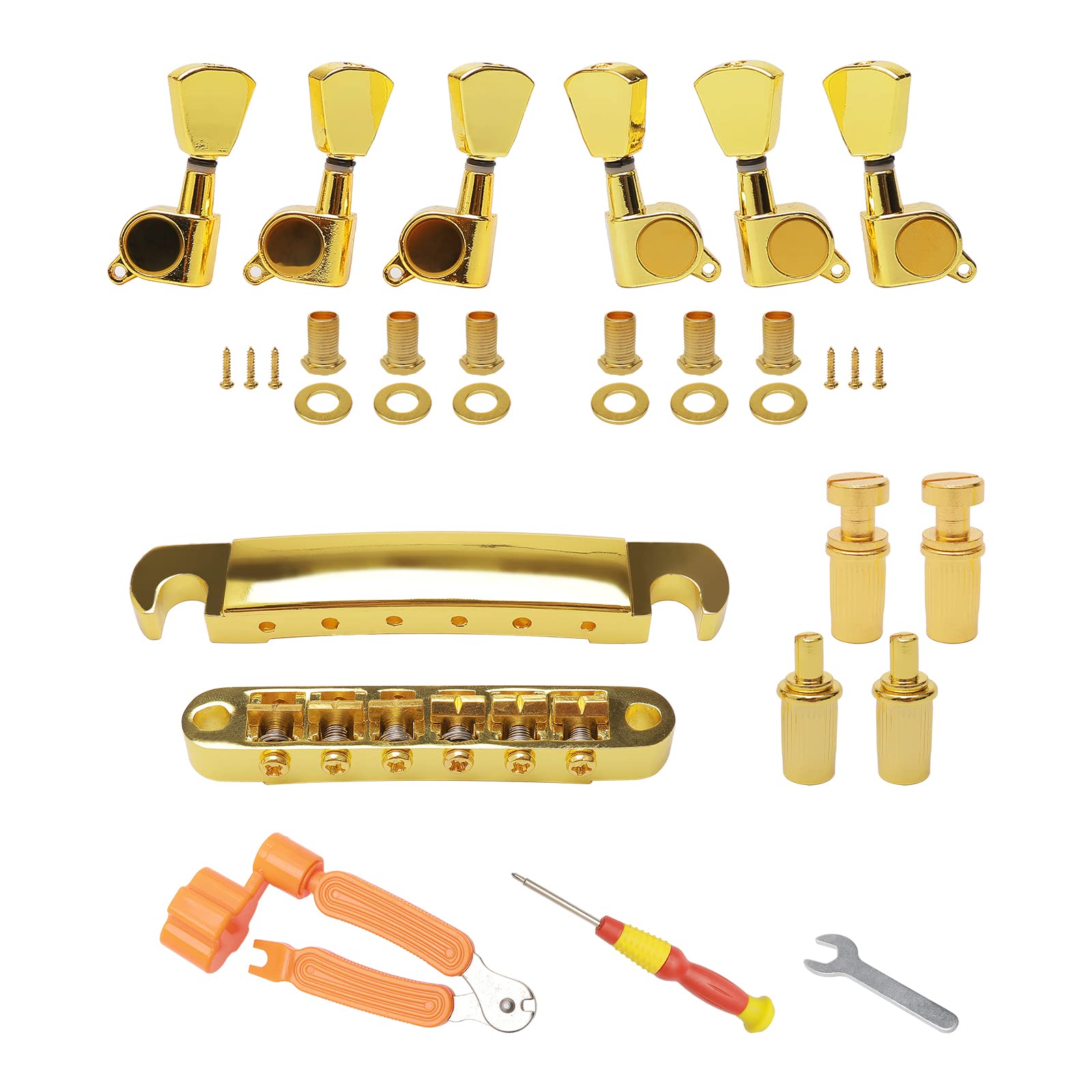 Unxuey Combo Kits Gold 6 String Guitar Saddle Bridge Tune-O-Matic Tailpiece And 3L3R Sealed Gear Tuning Pegs Keys Machine Head F