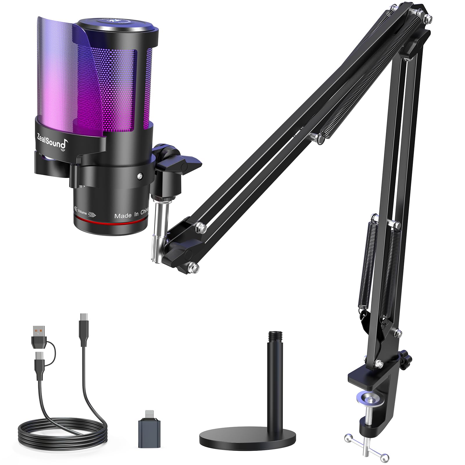 ZealSound USB Microphone for iPhone,Noise Cancellation Gaming mic with Touch Mute,Gain,Monitoring,USB Mic Boom Arm for Streaming
