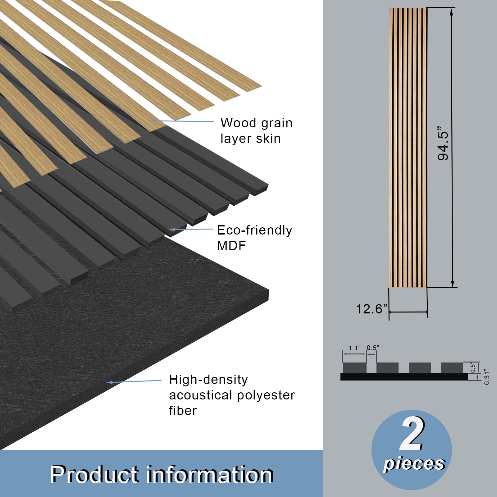 E-HAO 2 Piece Wood Slat Acoustic Panels for Stylish Decor and Noise Reduction, 3D Textured Panel for Ceiling and Wall - White Oa