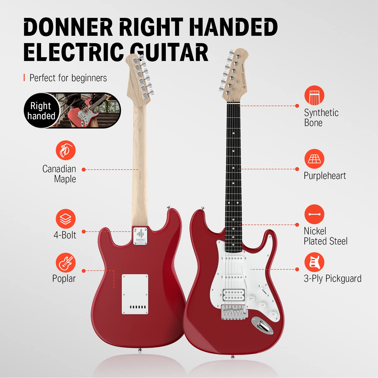 Donner DST-100R 39 Inch Electric Guitar Beginner Kit Red Full Size Solid Body HSS Pick Up Starter Package with All Accessories A